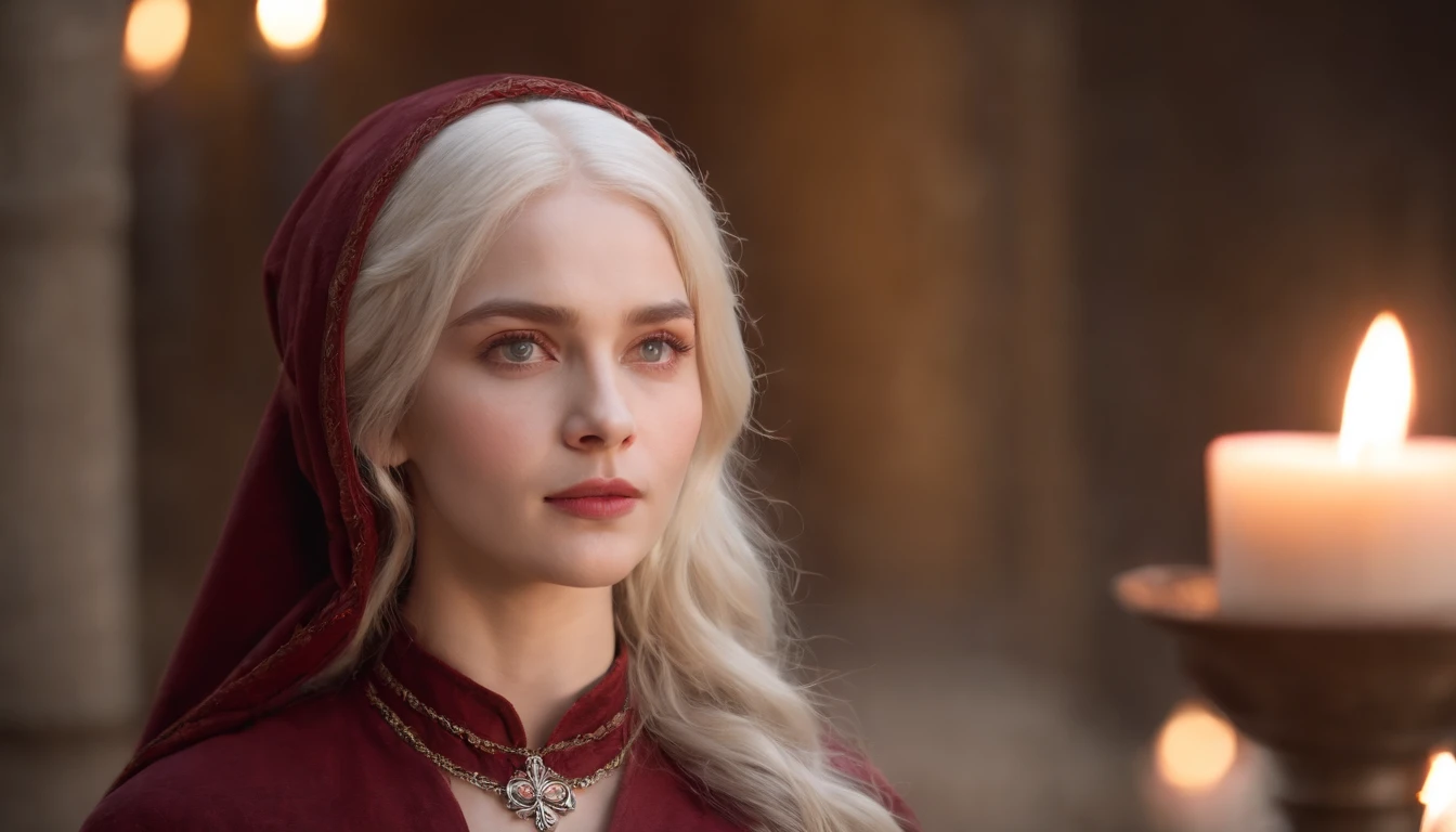 (((a deep reddish wound crosses her left cheek))) fair complexion, woman around 19 years old, natural white hair, distinctive green eyes, wearing kohl, slender and graceful, beautiful, candlelight in a medieval setting, ultra sharp focus, realistic shot, medieval female clothes, tetradic colors (scar:1.4