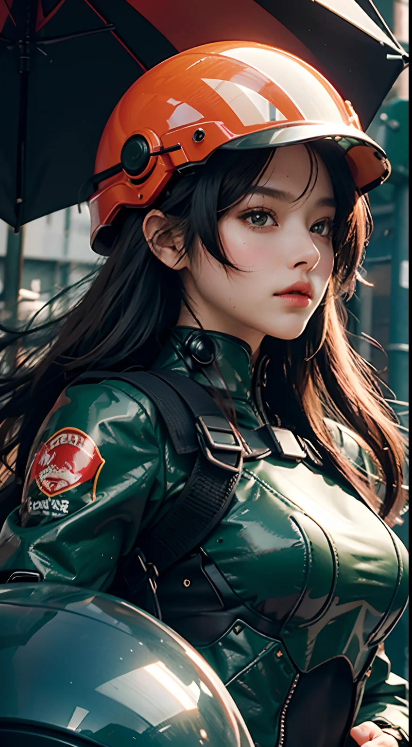 Best image quality, Outstanding detail, Ultra-high resolution, (Realism: 1.4), Best Illustration, prefer details, highly condensed 1girl, Delicate and beautiful face, Dressed in black and green mechs, wearing a mech helmet, holding a direction controller, Ride a red motorcycle, The background is the high-tech lighting scene of Tokyo. vibrancy, Red helmet,
