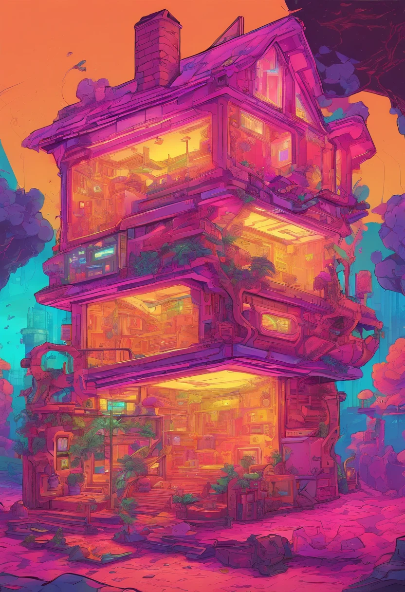 Isometric house, cosplay style, comic strip, DnD, fanciful, mobile game，Primitives，Animal bones，steins，The tree, Suspended in the air