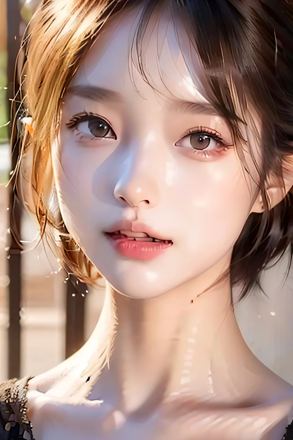 (best qualtiy,4k,tmasterpiece:1.3),Pretty Women,1girl,Raised sexy:1.1,dark brown hair:1.1,(Wet with rain,Wet with rain,Get wet:1.2),Gilet blanc,Super detailed face,Detailed lips,A detailed eye,二重まぶた,Sexy lips,