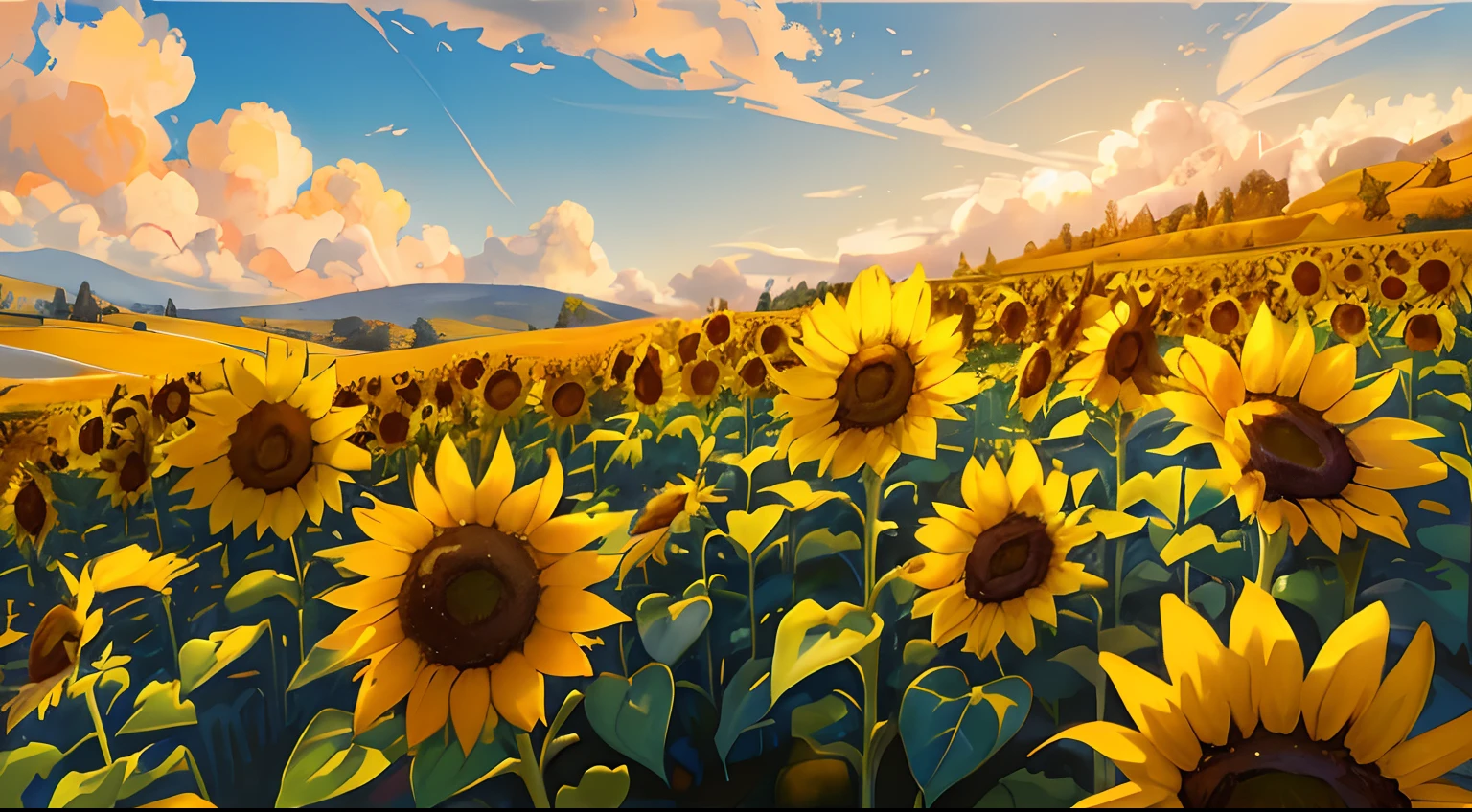 (8k, La mejor calidad, obra maestra: 1.2), (realista, fotorrealista: 1.37), Ultra detalle, calidad premium, ultra-high def, Pro Lighting, mapeo de fotones, radiosidad, physically based representation, cinematic lighting, +, profundidad de campo, There are many sunflowers in a field with a mountain in the background, escena : campo de girasoles, escena: campo de girasoles, campo de girasoles, campo de girasoles, girasol, Girasoles, Arte de fondo del anime, beautiful sunny day, colores: girasoles amarillos, colores : girasoles amarillos, por Kentaro Miura, caluroso y soleado altamente detallado, Paisaje rural del anime, Fondo de girasol, Blue sky and white clouds in high resolution