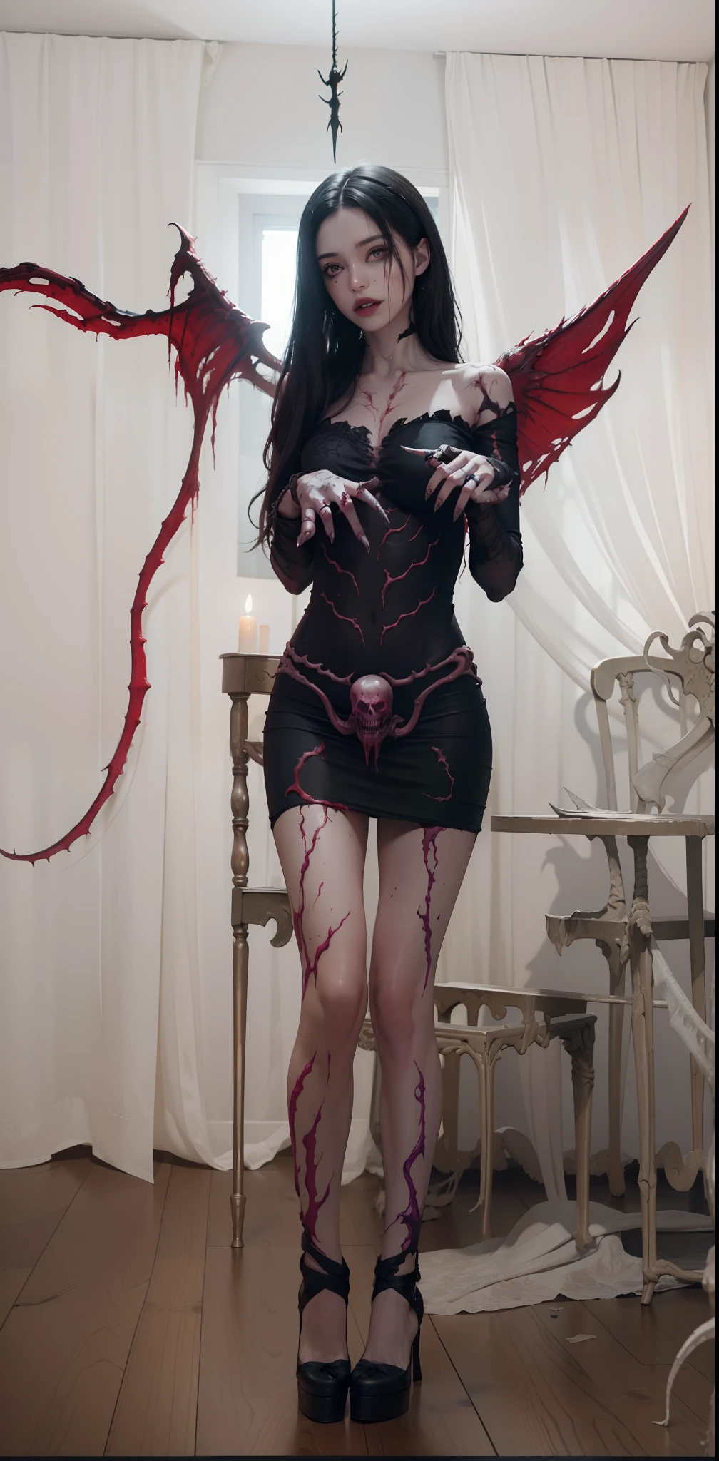Fine matte painting, skeleton dark angel big wings haunted castle on drawing table full of knives, horror, spookiness, scary, secret horror, tentacles, vines, eyes, uncanny valley effect teeth, limbs, animals, blood moon，body art，Female torso，8K，plethora of colors，hight contrast，