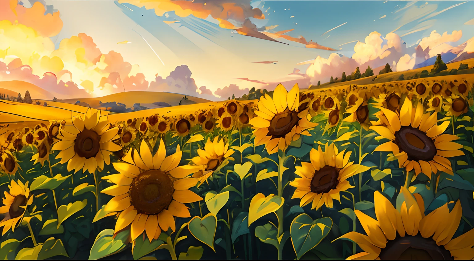 (8k, La mejor calidad, obra maestra: 1.2), (realista, fotorrealista: 1.37), Ultra detalle, calidad premium, ultra-high def, Pro Lighting, mapeo de fotones, radiosidad, physically based representation, cinematic lighting, +, profundidad de campo, There are many sunflowers in a field with a mountain in the background, escena : campo de girasoles, escena: campo de girasoles, campo de girasoles, campo de girasoles, girasol, Girasoles, Arte de fondo del anime, beautiful sunny day, colores: girasoles amarillos, colores : girasoles amarillos, por Kentaro Miura, caluroso y soleado altamente detallado, Paisaje rural del anime, Fondo de girasol, Blue sky and white clouds in high resolution