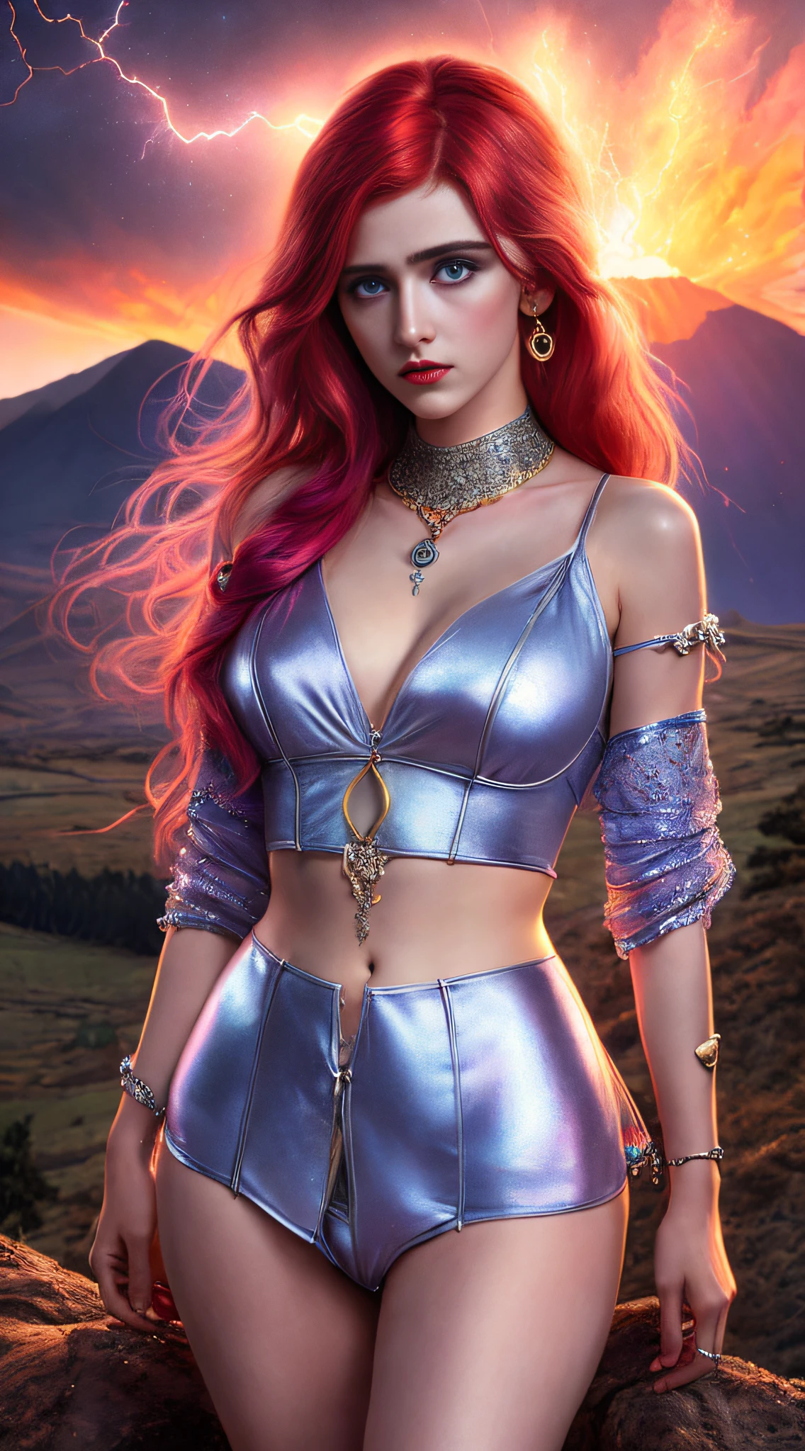 RAW picture, photoreal full length 18 yo english young slim athletic woman, classical sorceress, iridescent sheer clothing, gothic, blue eyes, dark makeup, short dark pink hair, natural pale skin texture, heavy silver jewelry, arm band, thigh band, bracelet, body jewelry, wielding magic, lightning, red sunset, volcano mountain landscape background, low light, finely drawn face, finely drawn hands, high quality, photorealism, sensual, pre-raphaelite, j.w. waterhouse, erotic