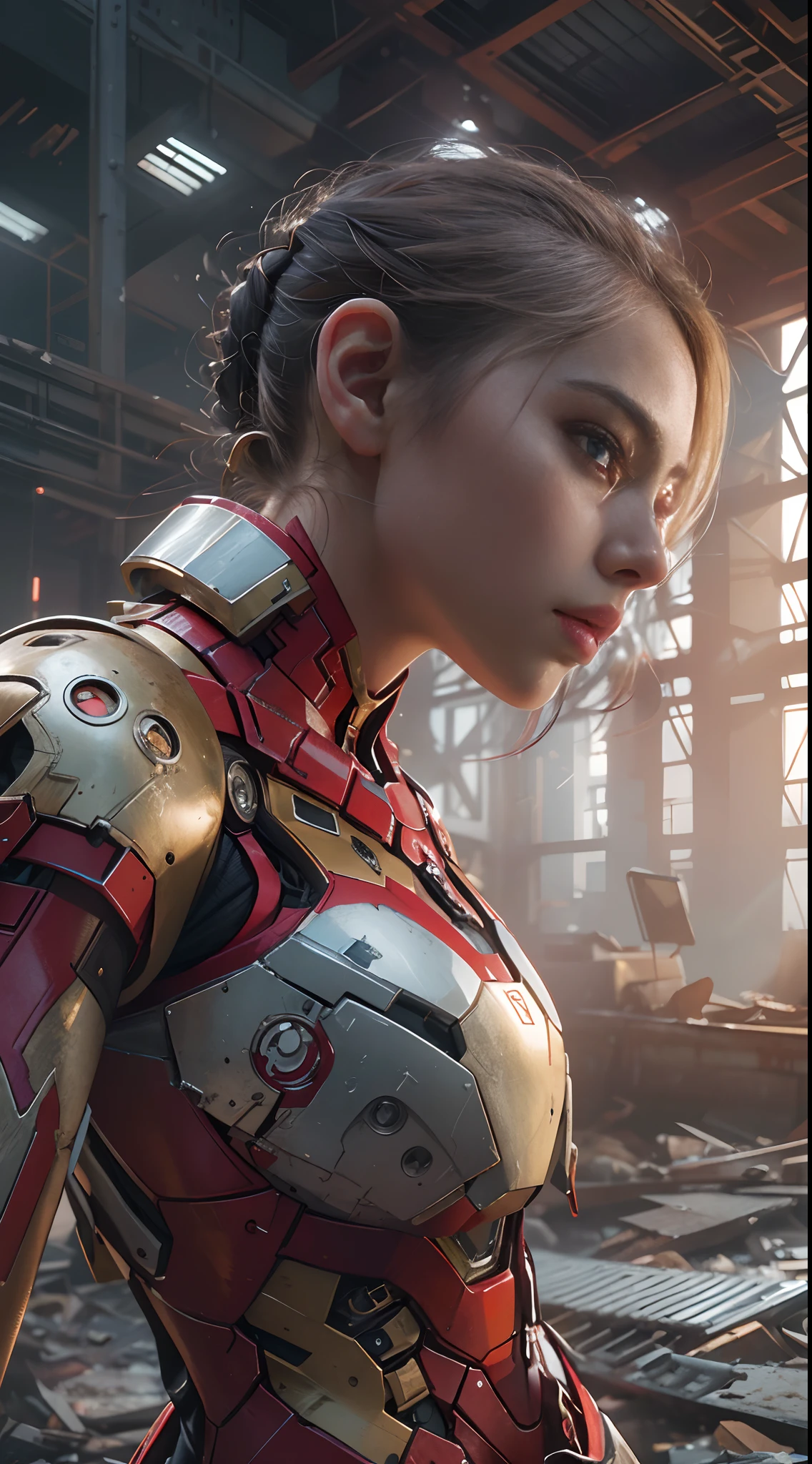 RAW, Masterpiece, Ultra Fine Photo,, Best Quality, Ultra High Resolution, Photorealistic, Sunlight, Full Body Portrait, Stunningly Beautiful,, Dynamic Poses, Delicate Face, Vibrant Eyes, (Side View) , she is wearing a futuristic Iron Man mech, red and gold color scheme, highly detailed abandoned warehouse background, detailed face, detailed and complex busy background, messy, gorgeous, milky white, high detailed skin, realistic skin details, visible pores , sharp focus, volumetric fog, 8k uhd, dslr camera, high quality, film grain, fair skin, photorealism, lomography, sprawling metropolis in futuristic dystopia, view from below, translucent