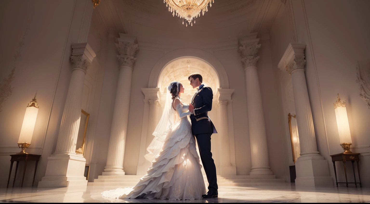 (((masterpiece))), (((best quality))), ((ultra-detailed)), (illustration), (detailed light), ((an extremely delicate and beautiful)), a beautiful white couple, a royal ball, waltzing, looking up at the viewers, a marble floor, reflections, a flowing blue dress, surrounded by a large audience, full-body reflections.