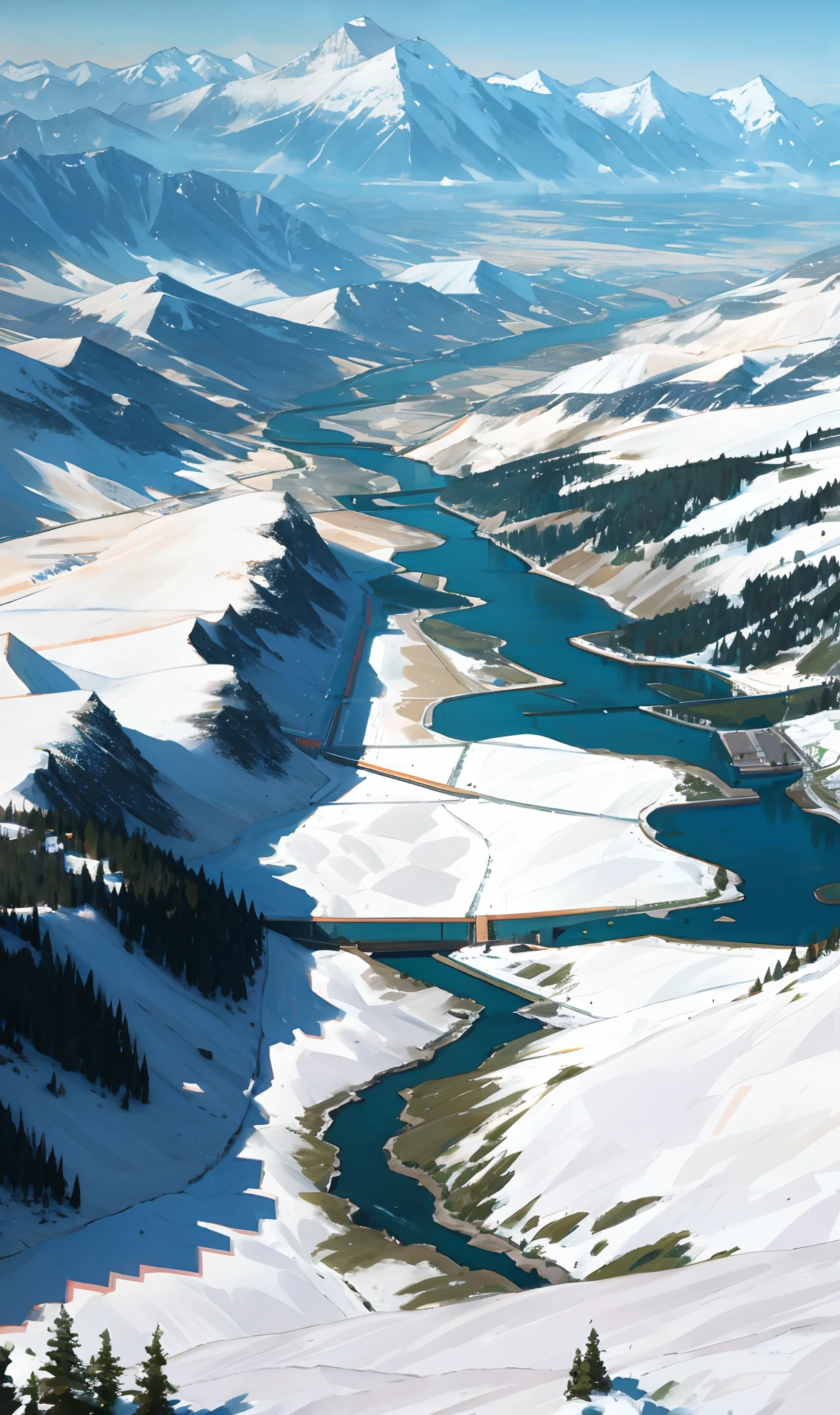 Between snow-capped mountains,A river that flows endlessly,A realistic landscape painting flowing through a thousand mountains