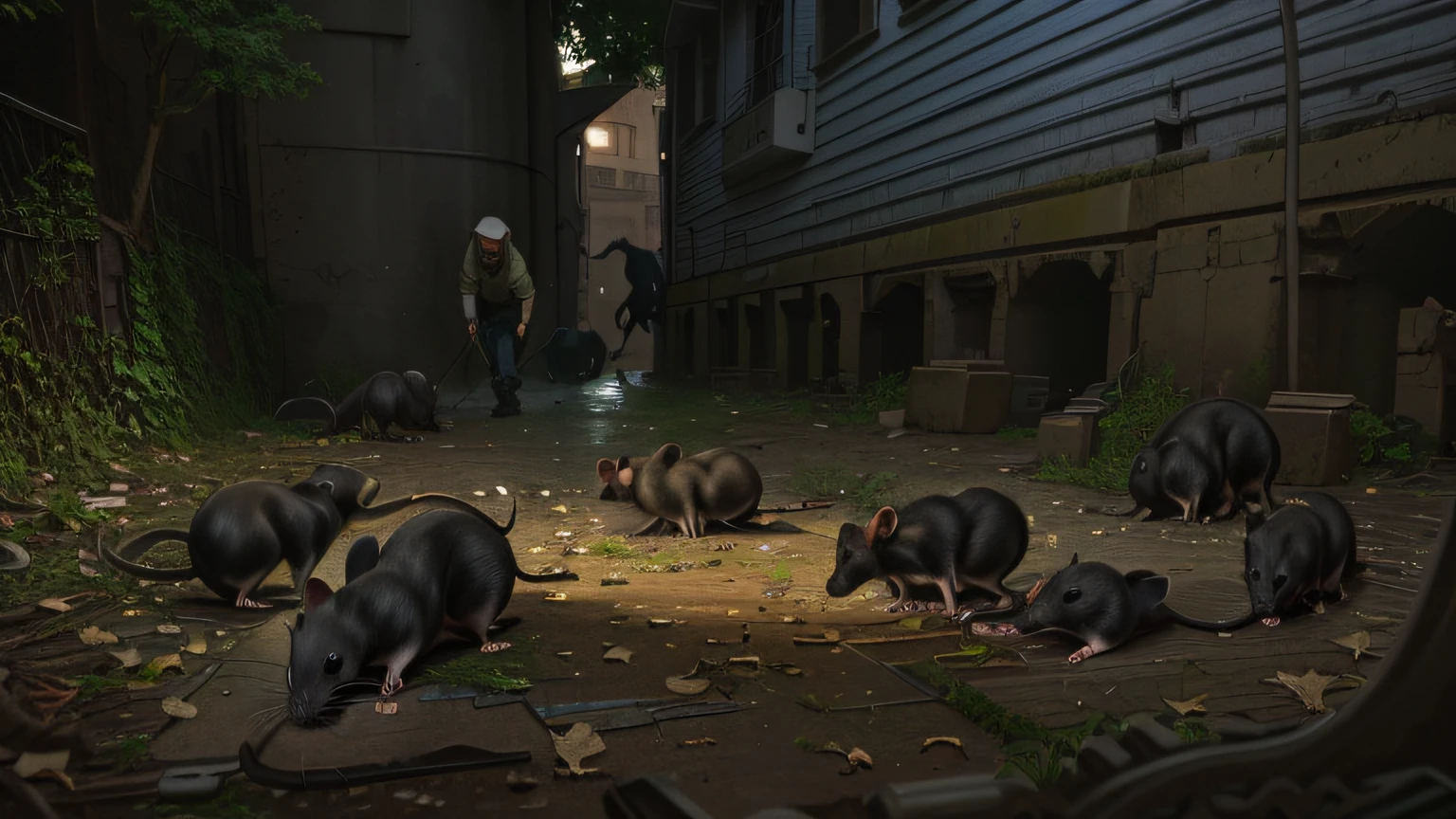 There are 6 rats crawling on the ground