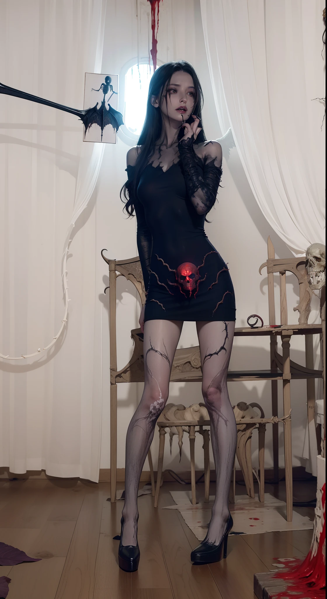 Fine matte painting, skeleton dark angel big wings haunted castle on drawing table full of knives, horror, spookiness, scary, secret horror, tentacles, vines, eyes, uncanny valley effect teeth, limbs, animals, blood moon,body art,Female torso,8K,plethora of colors,hight contrast,