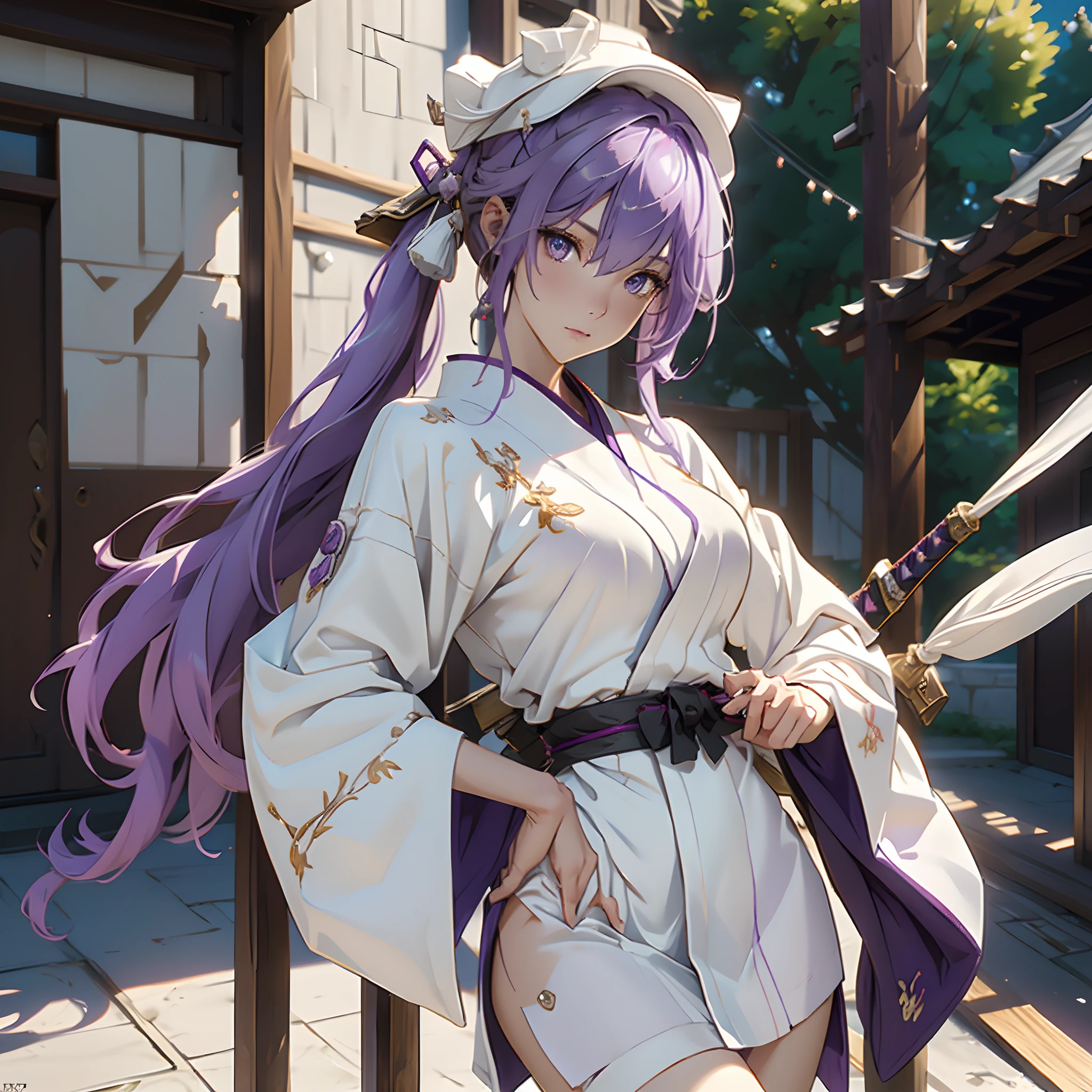 1 girl, tie purple hair, long light purple hair, big brim white hat, gold eyes, white robe, katana, cool and sexy face, white thigh knee sock, white loose short kimono, 8, Sharp face, battlefield, outside, black high-heeled shoe, standing, scarlet, one person, alone, white panty,1 head, 2 hands, 2 legs, lightning, Best quality, masterpiece, 3D, an image of a beautiful female samurai, HDR (High Dynamic Range), Ray Tracing, NVIDIA RTX, Super-Resolution, Unreal 5,Subsurface scattering, PBR Texturing, Post-processing, Anisotropic Filtering, Depth-of-field, Maximum clarity and sharpness, Multi-layered textures, Albedo and Specular maps, Surface shading, Accurate simulation of light-material interaction, Perfect proportions, Octane Render, 8k, high res