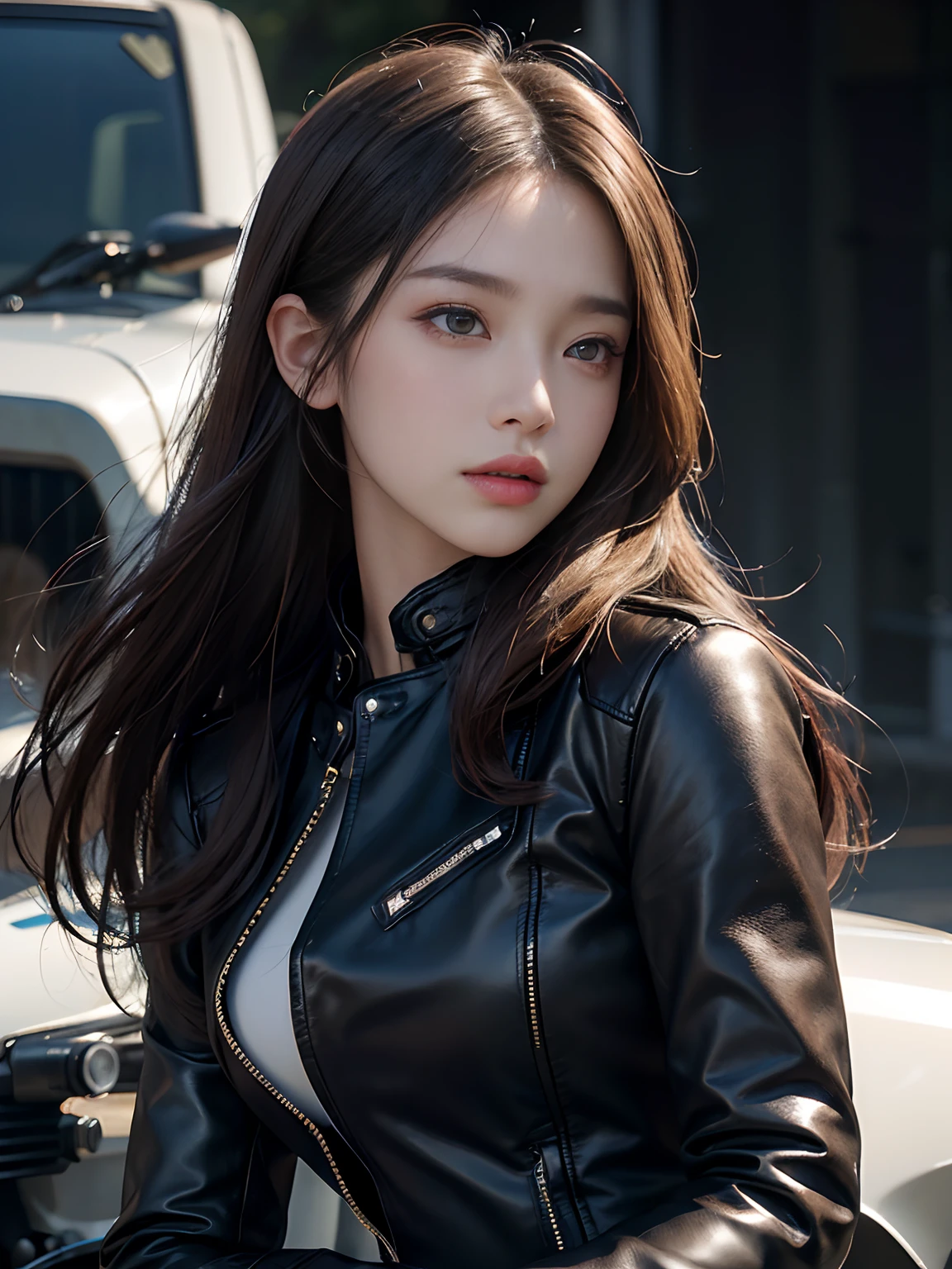 best qualtiy,tmasterpiece,超高分辨率,(真实感:1.4),RAW photogr,1girll,Face Highlighting,Pure,Raised sexy,A MILF,Flushing,18yr old,long whitr hair(best qualtiy,8K,tmasterpiece:1.3),Goose egg face,largeeyes,long eyelasher,Exquisite(live-action realistic style),Star-like eyes,Ultimate face,Photorealistic light and shadow,Clear facial features,Milky white skin,Fair skin, highdetailskin, Realistic skin details, Visible Pore,(Super detail),(perfect bodies:1.1),long whitr hair,(dynamicposes),((Dynamic background((volumettic light:1.3)),Black leather jacket,the motorcycle,riding a motorcycle,Cold,Cold,Callous,Killer dress-up,Full body like