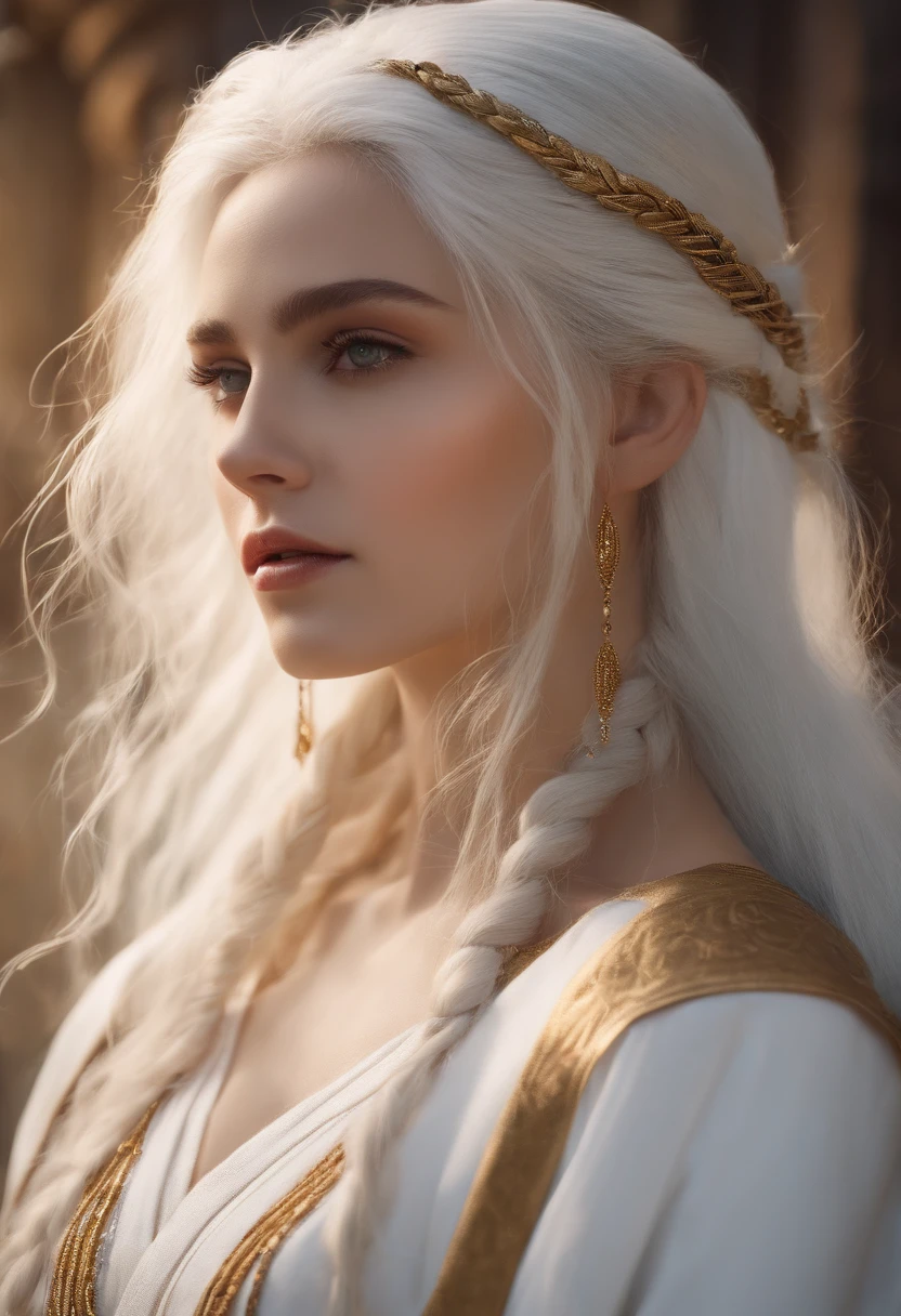 best quality, masterpiece,white hair, gold eyes,white clothes, looking up, upper body,hair strand,Fair skin,side braids