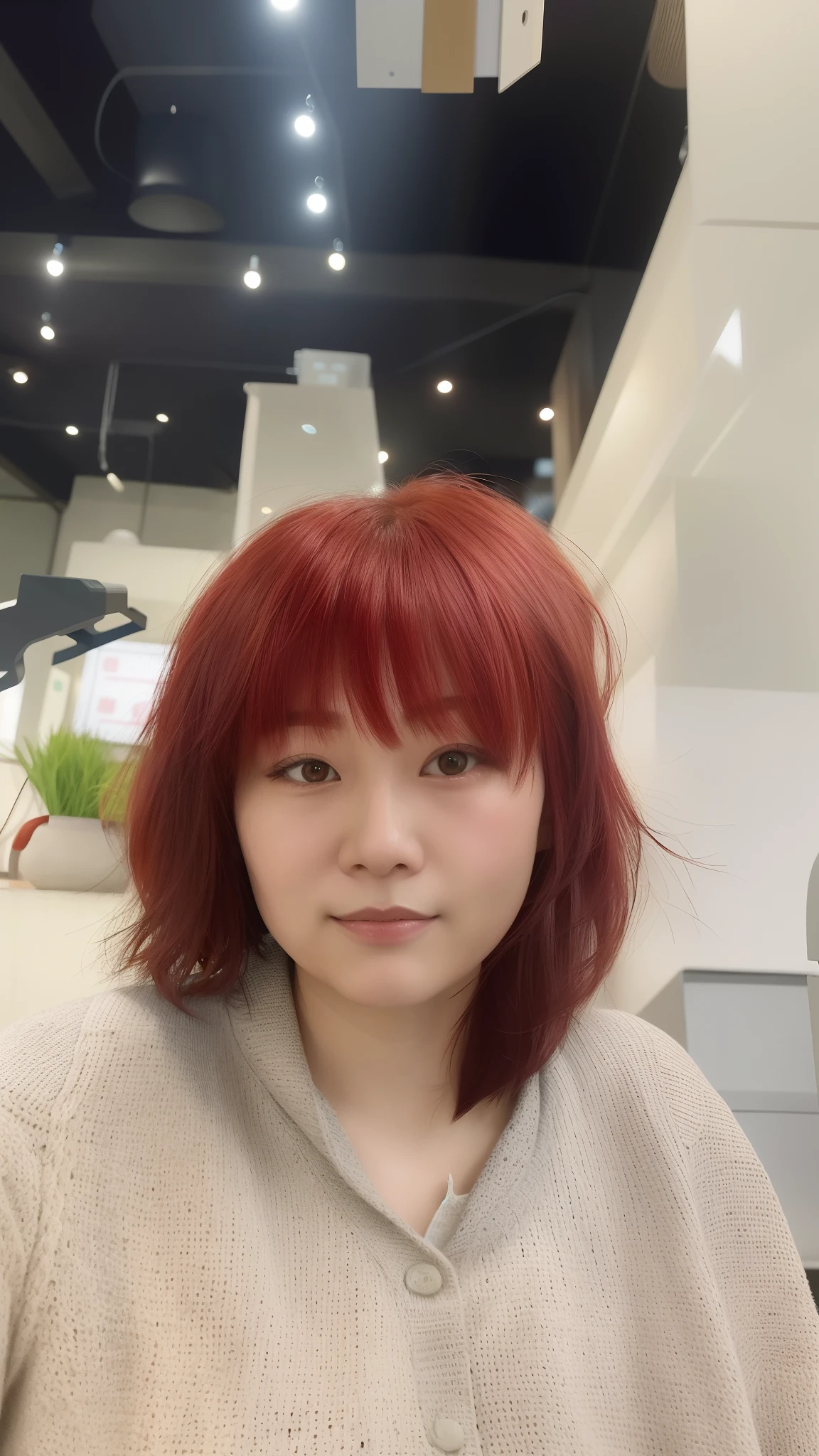 There is a woman with red hair and a gray sweater, with short hair, delight, Yun Ling, Hair coloring, xintong chen, With bangs, 8k selfie photograph, 38 years old, Zhang Wanting, xision wu, tidy hair,By bangs, 3 , With red hair, wenfei ye, ren heng, chengyou liu