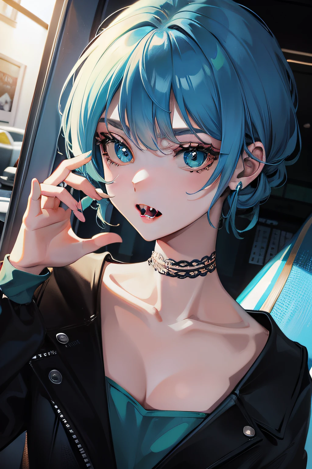 Blue hair,green-eyed,Sharp teeth