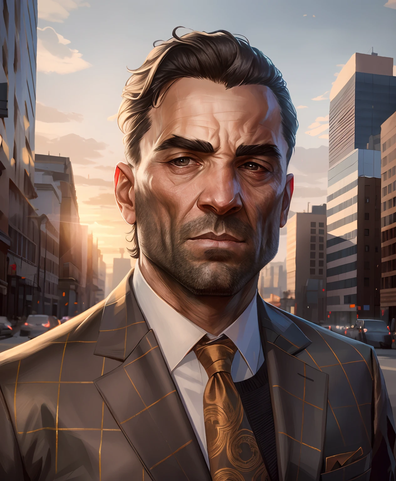 There is a man in a suit and tie standing in the middle of a city, cinematic realistic portrait, character art portrait, high quality portrait, detailed character portrait, Epic and elegant portrait, epic portrait illustration, Unreal 5. Portrait RPG, Portrait de personnage, Epic portrait of the character, photorealistic artstyle, ArtStation Mans aesthetics, hyperrealism artstyle, Portrait de personnage en gros plan