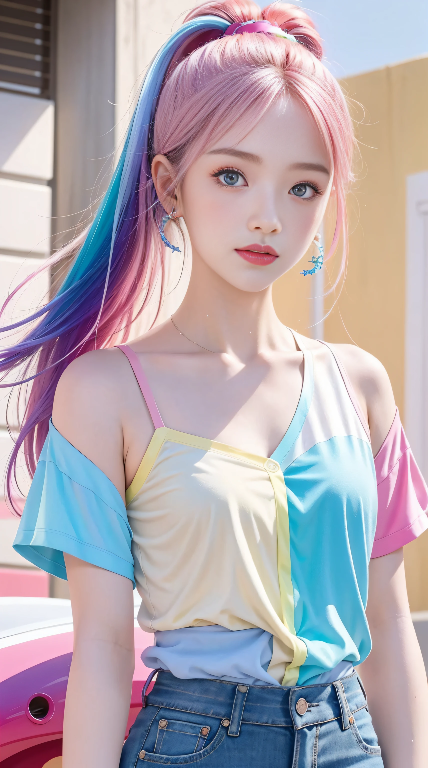 （Pink fashion camisole：1.9），（Colorful hair：1.8），（Rainbow all colors：1.8），（（（（Vertical painting：1.6)）），（painting of a：1.6），frontage，comic strip,illustration,painting of a,largeeyes,crystal-clear,（rainbow color gradient high ponytail：1.7）,Delicatemakeup,Keep one's mouth shut,(Small Fresh:1.5),(Colorful shirts:1.6),long eyelasher,White shoulder T- shirt, looking at viewert，watery big eyes，(rainbow colour hair：1.6), colored splashing, （Solo：1.8）, colored splashing, Color explosion, Color splattering, Color explosion, Thick lacquer style，Messy lines，((Shining)) ，(Colorful), (Colorful), (Colorful), Colorful, Thick Paint Style, (Splash) (colored splashing), Vertical painting, Upper body, paint splatter, Acrylic Pigment, Gradient, Paint, Highest image quality, Highest image quality, Masterpiece, Solo, Depth of field, facepaint, Colorful clothes, (ellegance: 1.2), opulent, long whitr hair, ventania, (ellegance: 1.3), (petals: 1.4)，(((Masterpiece))),(((Best quality at best))),((ultra - detailed)),(illustratio),(dynamic angle),((floatking)),(Paintwork),((Loose hair)),(Solo),(1girll) , (( (Detailed anima face))),((Beautiful detailed face)),collars,exposed bare shoulders,((The color hair)),((Striped hair)),Beautiful detailed eyes,(Gradient color eyes),(( （Colored eyes））），（（（coloured background））），（（（high saturated））），（（（Surrounded by colorful splashes））），