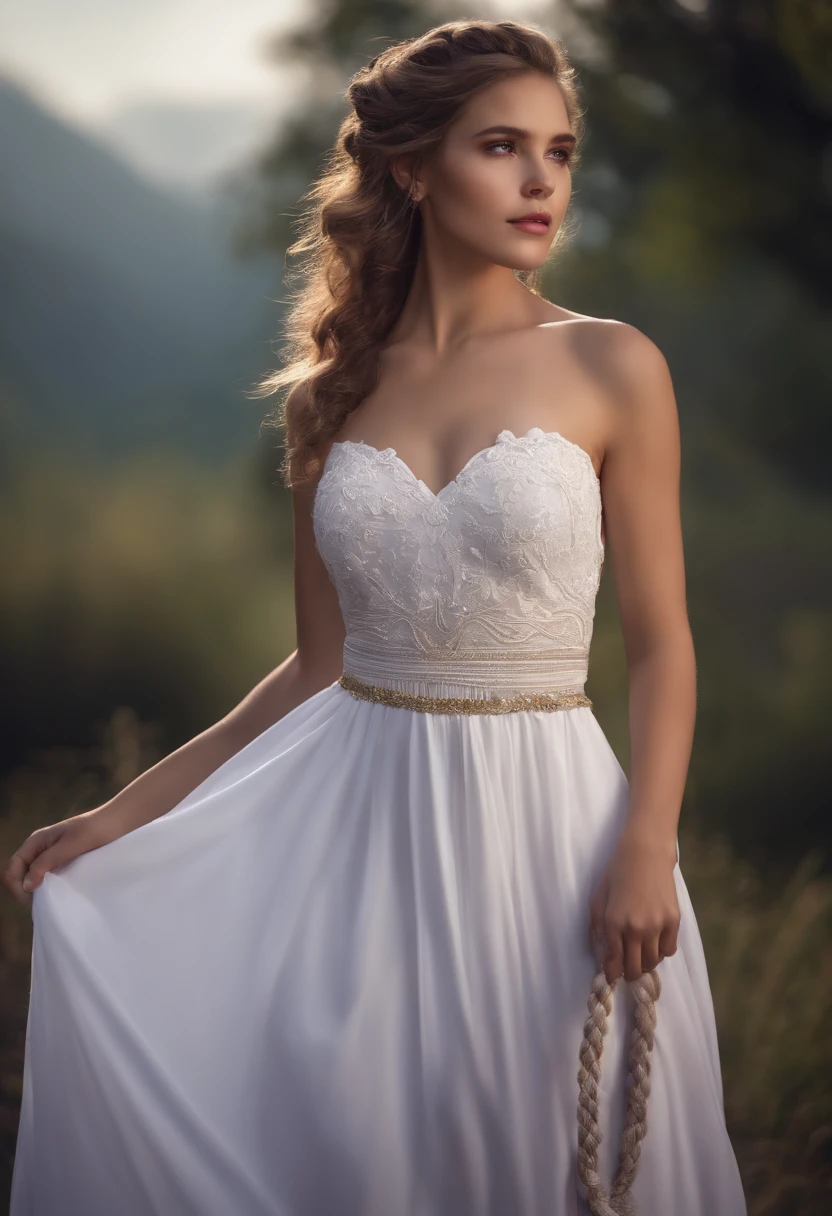 1girll,A high resolution,  High quality,  Masterpiece, mxmkWhiteDress,  bare shoulders​, Purple eyes, White dress, Braid