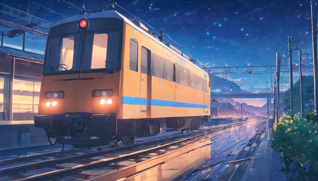 High quality masterpiece ，scenecy，Anime train passing through bodies of water on tracks， Glittering starry sky。Romantic train，Pisif，concept-art，Lofi art style，Reflectors。 By Makoto Shinkai, Lofi art, beautiful anime scenes, Anime landscapes, Detailed scenery —width 672, in the style of makoto shinkai, Makoto Shinkai's style，Detail enhancement