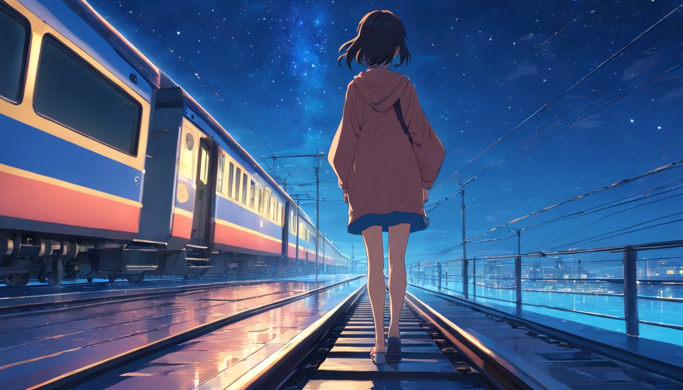 High quality masterpiece ，scenecy，Anime train passing through bodies of water on tracks， Glittering starry sky。Romantic train，Pisif，concept-art，Lofi art style，Reflectors。 By Makoto Shinkai, Lofi art, beautiful anime scenes, Anime landscapes, Detailed scenery —width 672, in the style of makoto shinkai, Makoto Shinkai's style，Detail enhancement