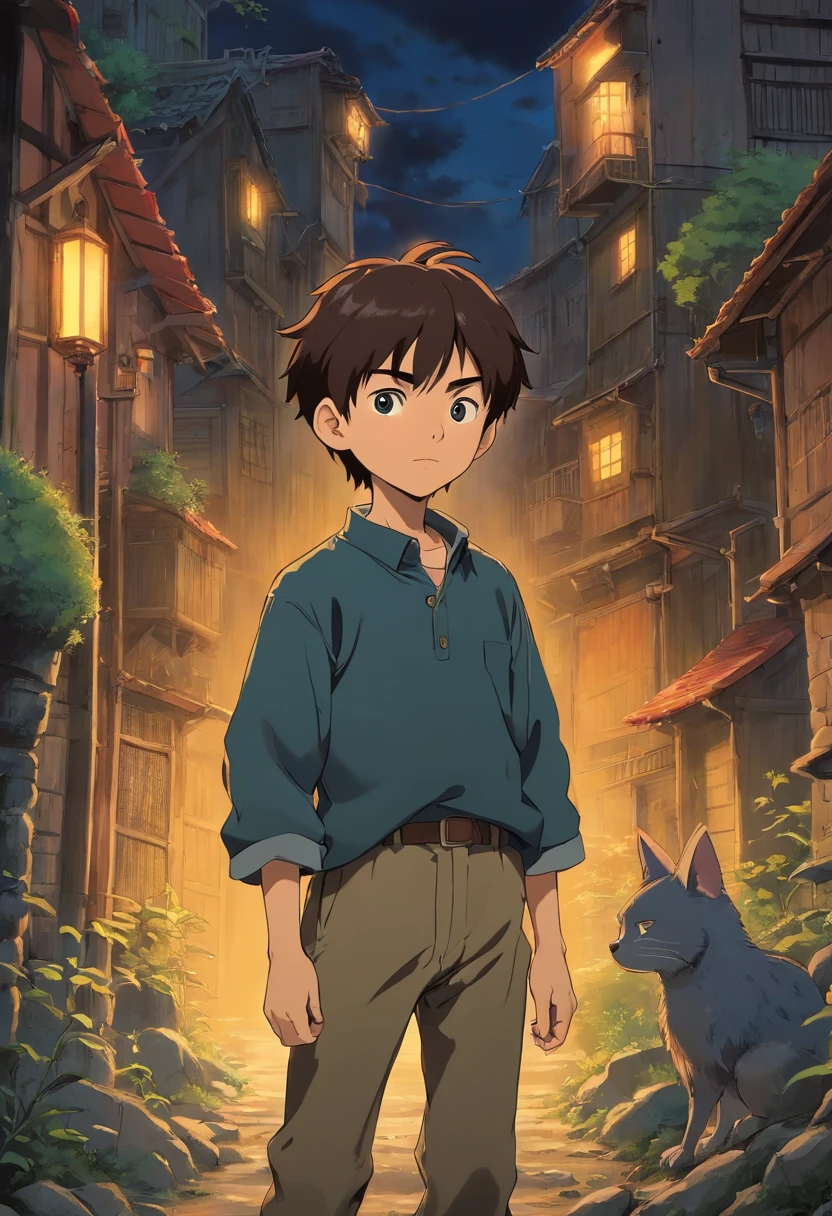 strong abandoned taller boy protagonist, dirt on face, dark and evil clothing
