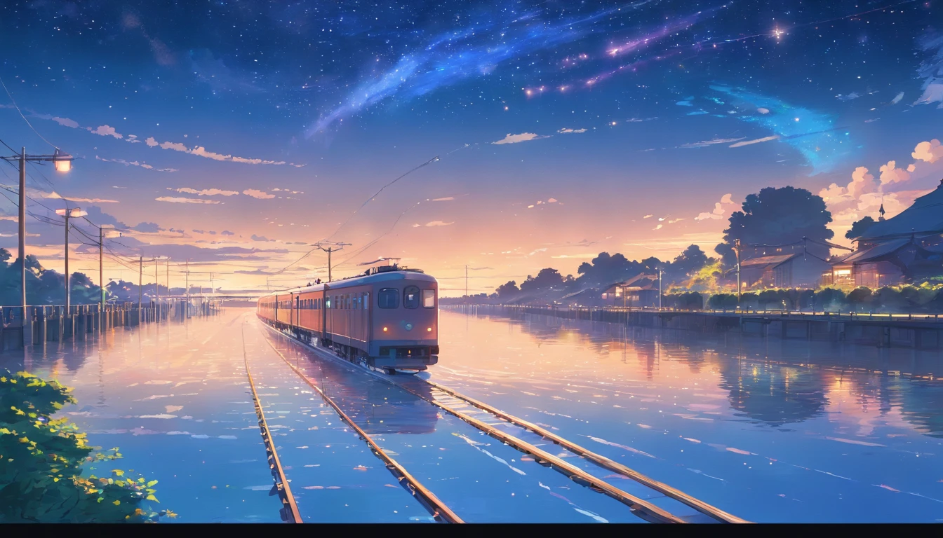 High quality masterpiece ，scenecy，Anime train passing through bodies of water on tracks， Glittering starry sky。Romantic train，Pisif，concept-art，Lofi art style，Reflectors。 By Makoto Shinkai, Lofi art, beautiful anime scenes, Anime landscapes, Detailed scenery —width 672, in the style of makoto shinkai, Makoto Shinkai's style，Detail enhancement