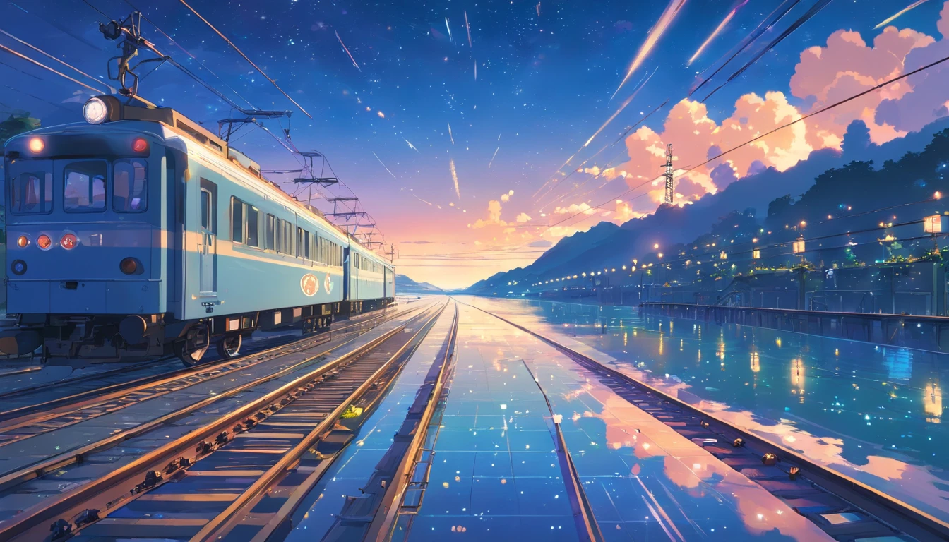 High quality masterpiece ，scenecy，Anime train passing through bodies of water on tracks， Glittering starry sky。Romantic train，Pisif，concept-art，Lofi art style，Reflectors。 By Makoto Shinkai, Lofi art, beautiful anime scenes, Anime landscapes, Detailed scenery —width 672, in the style of makoto shinkai, Makoto Shinkai's style，Detail enhancement