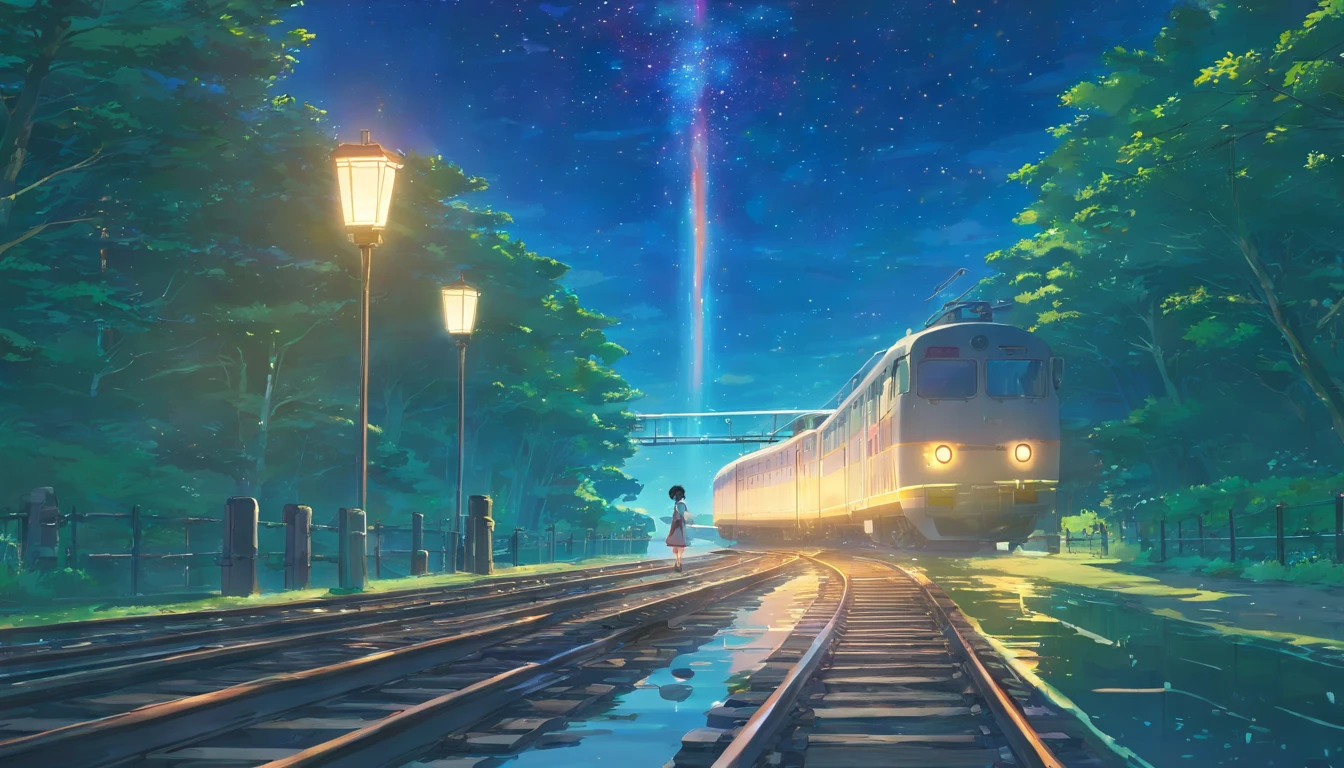 High quality masterpiece ，scenecy，Anime train passing through bodies of water on tracks， Glittering starry sky。Romantic train，Pisif，concept-art，Lofi art style，Reflectors。 By Makoto Shinkai, Lofi art, beautiful anime scenes, Anime landscapes, Detailed scenery —width 672, in the style of makoto shinkai, Makoto Shinkai's style，Detail enhancement
