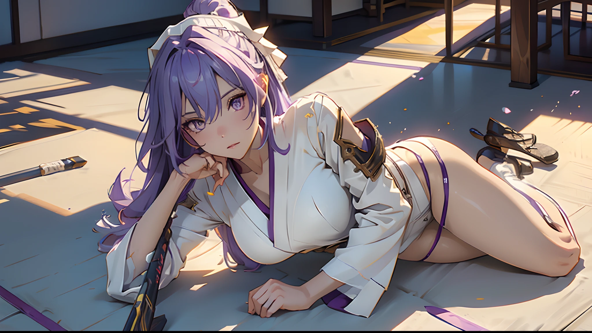 1 girl, tie purple hair, long light purple hair, big large ronin white hat, gold eyes, white robe, katana, cool and sexy face, white thigh knee sock, white loose short kimono, 8, Sharp face, battlefield, outside, black high-heeled shoe, standing, scarlet, one person, alone, white panty,1 head, 2 hands, 2 legs, lightning, Best quality, masterpiece, 3D, an image of a beautiful female samurai, HDR (High Dynamic Range), Ray Tracing, NVIDIA RTX, Super-Resolution, Unreal 5,Subsurface scattering, PBR Texturing, Post-processing, Anisotropic Filtering, Depth-of-field, Maximum clarity and sharpness, Multi-layered textures, Albedo and Specular maps, Surface shading, Accurate simulation of light-material interaction, Perfect proportions, Octane Render, 8k, high res