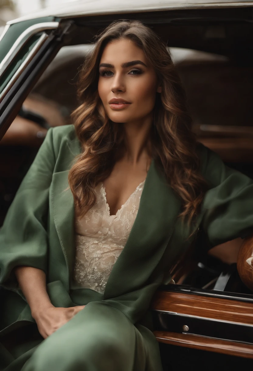 Chica en el auto de pie e inclinada hacia el espectador, cara bonita, ojos seductores y seductores detallados, cabello recortado, Pedazos, pecho grande, Amazing body, Pronounced female feature, primer plano, piel grasa, escote profundo, vestido ajustado de color verde oscuro, Topless