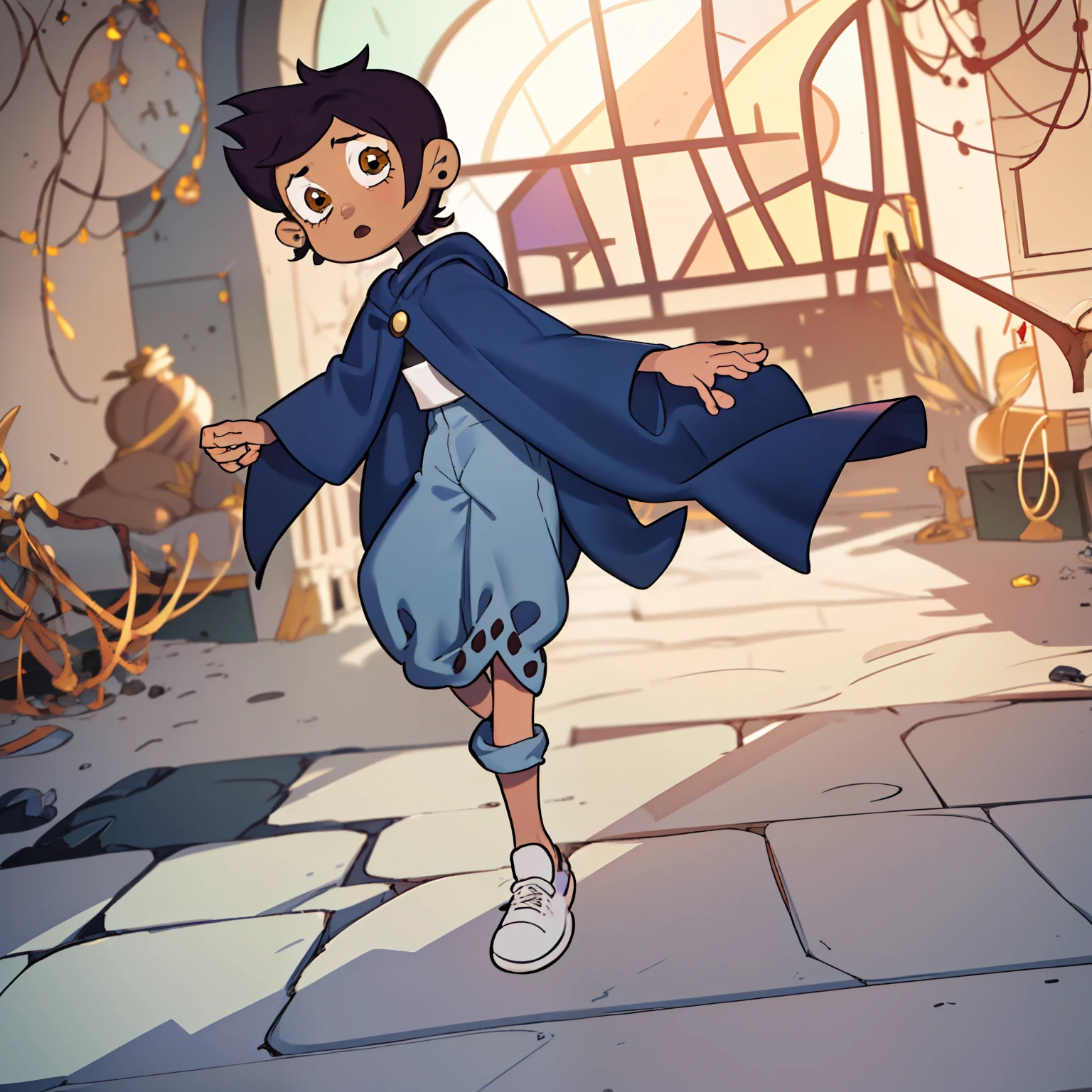 LuzS1, 1girl, short brown hair, brown eyes, dark skin, blue and white shirt with hoodie, jeans shorts, black leggings, white shoes, midriff, short sleeves, perfect anatomy, solo