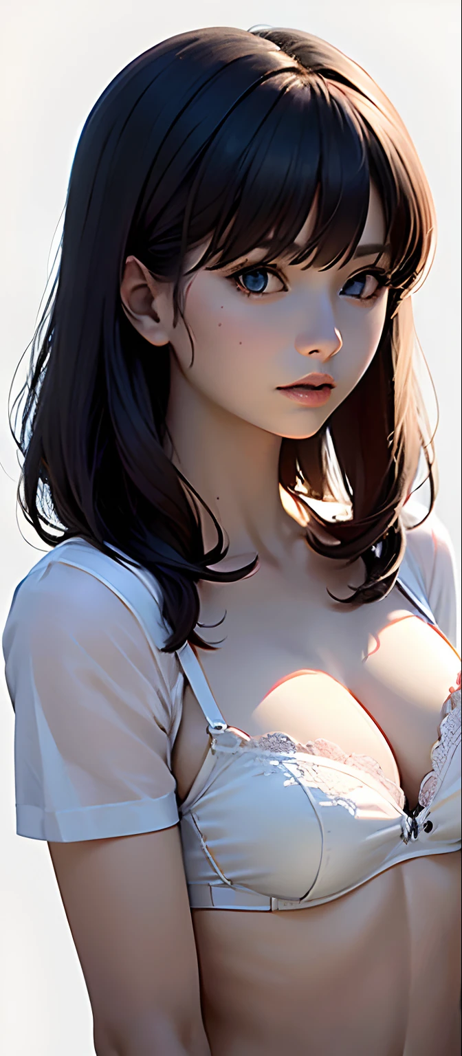 (Masterpiece, Best quality,:1.2), 1girll, (Solo:1.3), Upper body, White bra, Short sleeves, , (Waifu, Realistic, Real life, Exceptional, Best-aesthetic, New, newest, Best quality, Masterpiece:1.2), soft_lighting, soft_skin_Ton, femele_Hair, (White background, Simple background,:1.2),cleavage，Large breasts，tit，Raised