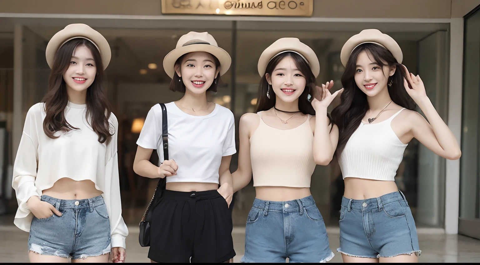 ((Best Quality, 8K, masutepiece: 1.3)), (Newsboy Hat: 1.3),Perfect Body Beauty: 1.4, (short-hair: 1.2)), (Stylish Brown Cafe: 1.3), Highly detailed face and skin texture, Full body, Fine eyes, Double eyelids, Whitened skin, Long hair, (Round face: 1.5), (Loose crop top, Shorts: 1.6)、Smile with closed mouth、Group of 2
