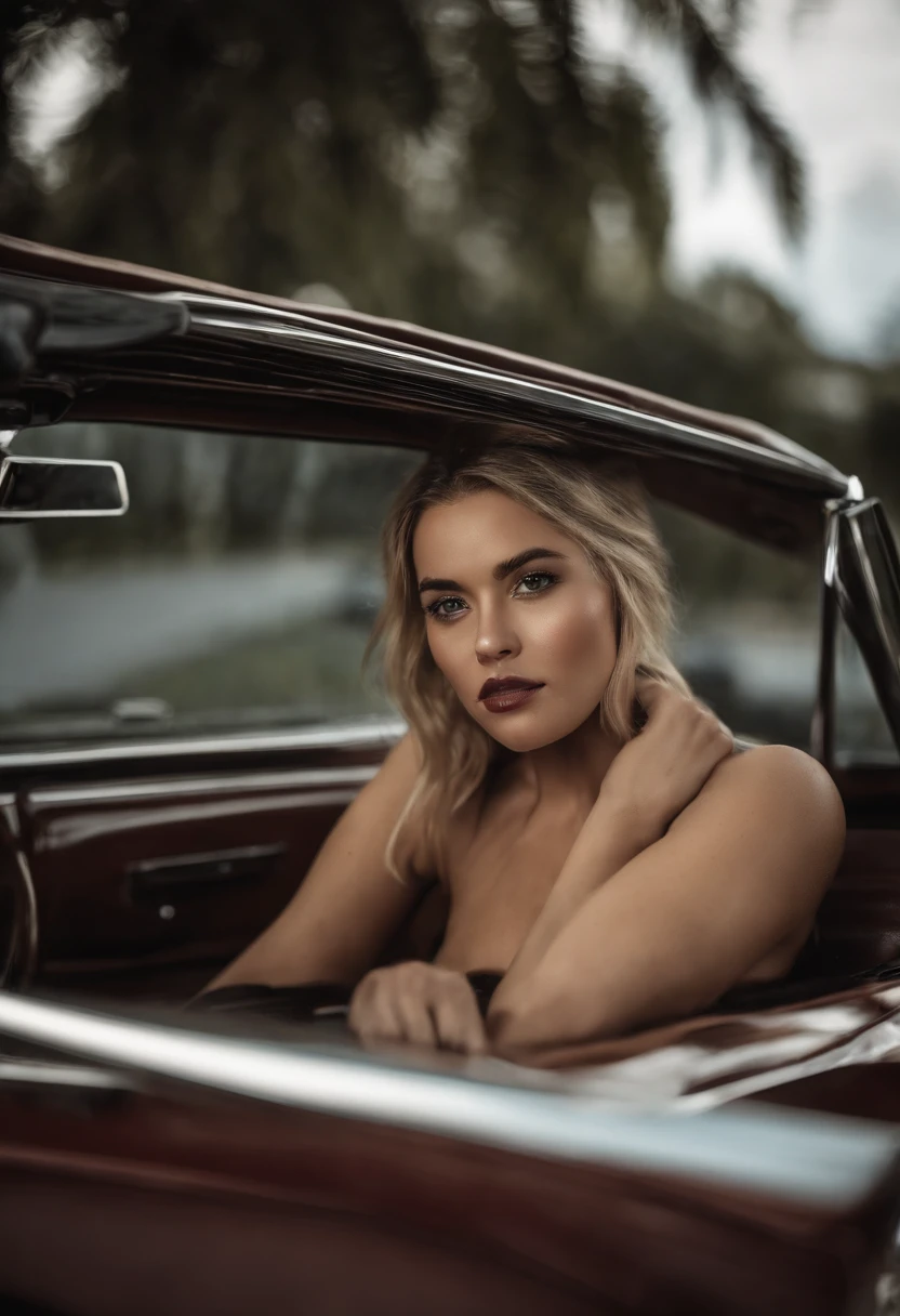 Chica en el auto de pie e inclinada hacia el espectador, cara bonita, ojos seductores y seductores detallados, cabello recortado, Pedazos, pecho grande, Amazing body, Pronounced female feature, primer plano, piel grasa, escote profundo, vestido ajustado de color verde oscuro, Topless, sexy, Big boobs, topless, undress, areolas descubiertas
