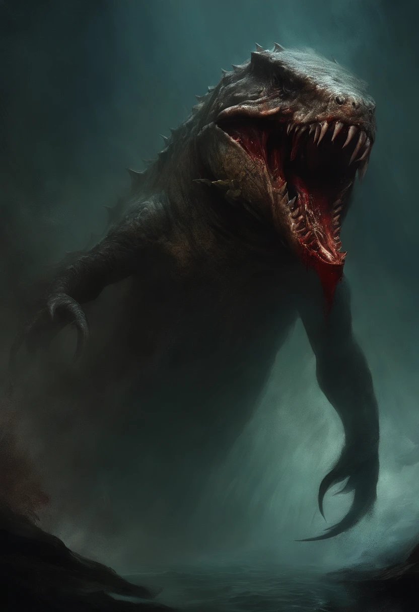A painting of a sea creature with a bloodied face and a bloodied head, carnage, Sci - Horror Art of Fiction, Science fiction horror artwork, inspired by Aleksi Briclot, Crocs de carnage, Horror fantasy art, par Aleksi Briclot, Horror concept art, venin, Art fantastique et horreur, Detailed illustration of 4K horror, Demonic creature, Dark Fantasy Horror Art