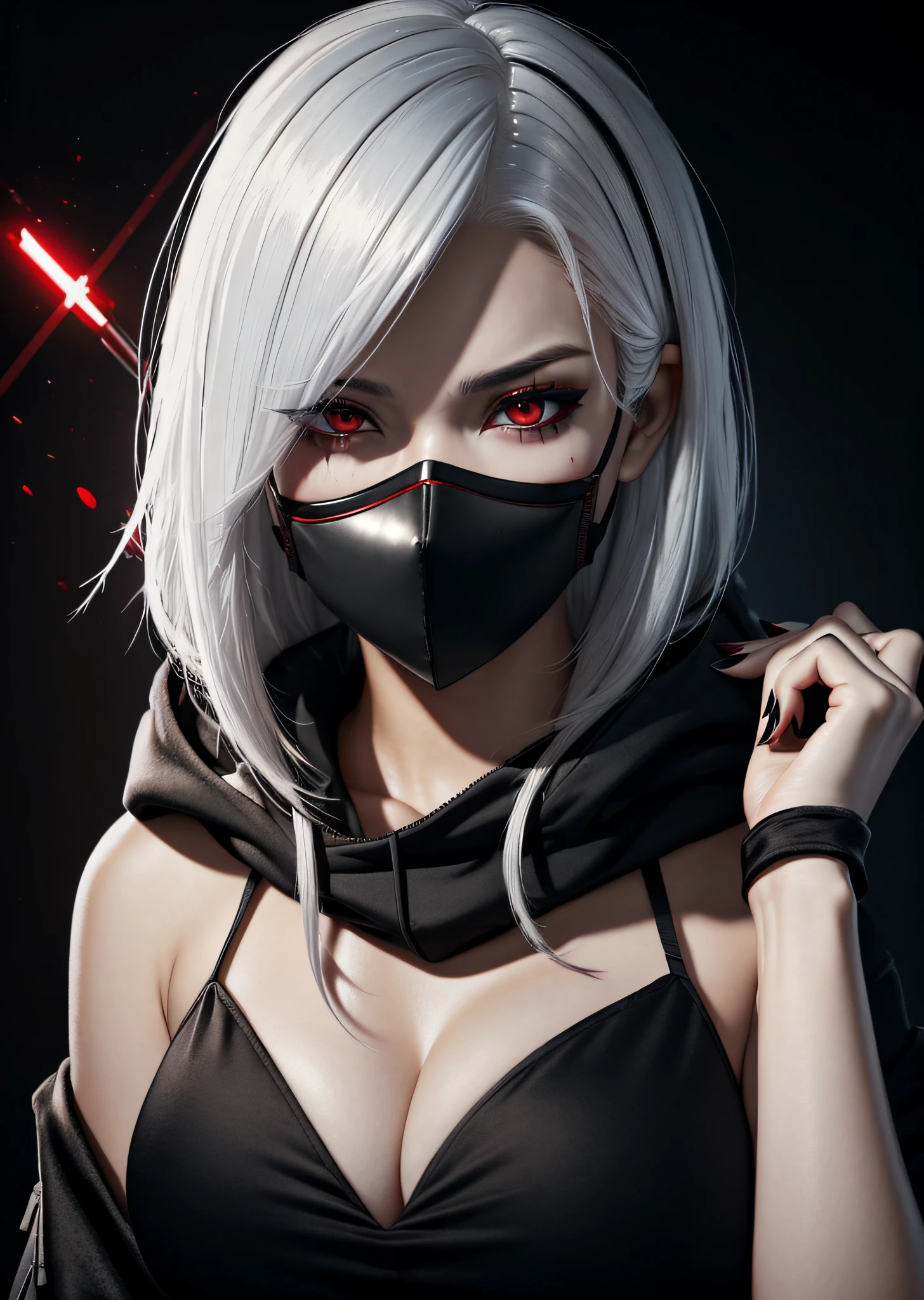 Female Vtuber version of Kaneki, sexy, busty, large breasts exposed, nearly naked, sfw, kk, best quality, more details, masterpiece, 1 girl kaneki ken, portrait, close-up,  female focus, red eyes, solo, mask, black nails, bangs, looking at viewer, hood, short hair, black background, hand up, hood up, nail polish, mouth mask, teeth, white hair, black mask, luxurious, 8k, detailed, ray tracing, depth of field, cinematic lighting, blood,