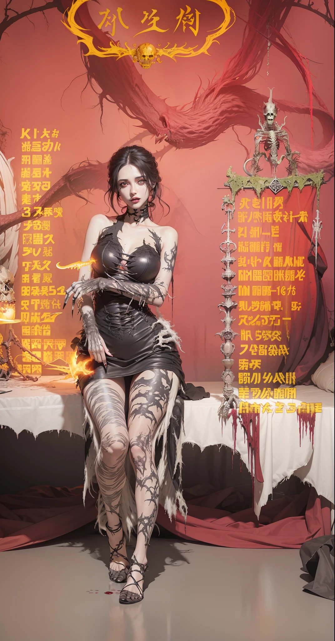 Chinese woman, Kerrigan, dreadlocks, Bones and skull, Cyberpunk, steampunc, Splash punk, The female devil in the background author：Rowena Merrill Stika Boris Vallejo Caravaggio Philippe Druilet Andrei Ryabovichchev Whelan