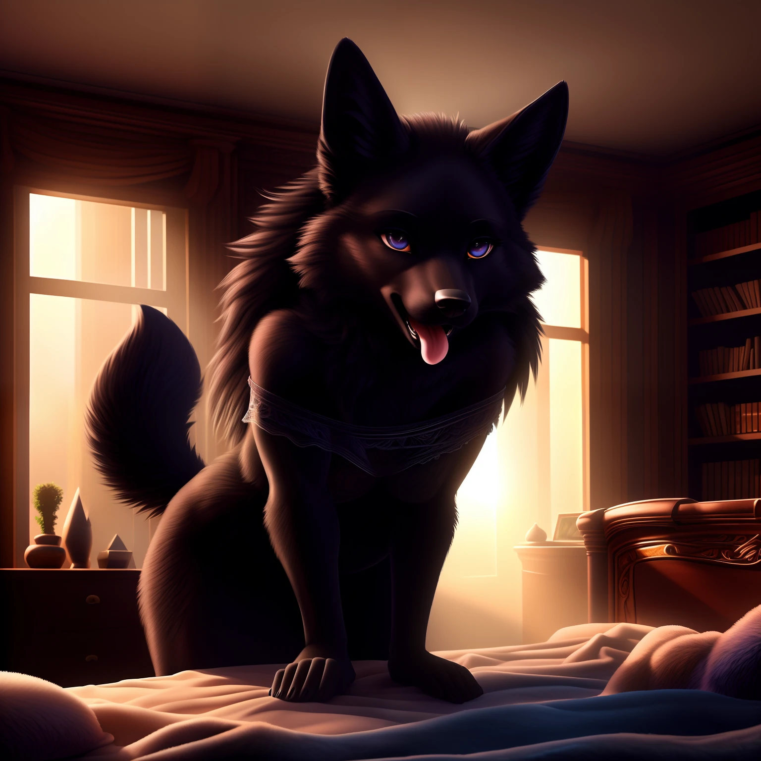 (((Cute Face))), (((Cute pose))), (((highly detailed eyes))), ((mouth open, tongue out, salvia dripping)), Solo, (((highly detailed fur))), ((medium breast)), ((seductive)), (((female))), ((Off Shoulder Lace Up Front Crop Sweatshirt))), ((sexy)), ((standing, sexy legs)), snout, detailed eyes, ((eyelashes, black wolf)), ((facing viewer)), ((long hair)), (((full body should be seen))), (( belly fur)), ((indoors, hyper detailed room)), ((hyper detailed black wolf)), sharp focus cgi, photorealistic, high detail, realistic, masterpiece, absurdres, best quality, HDR, high quality, high-definition, extremely detailed, 8k wallpaper, intricate details, 8K uhd, Full-HD, (realistic photo:1.2), contrast, harsh lighting, cinematic lighting, natural lighting, hard light, backlighting, global illumination, ambient occlusion