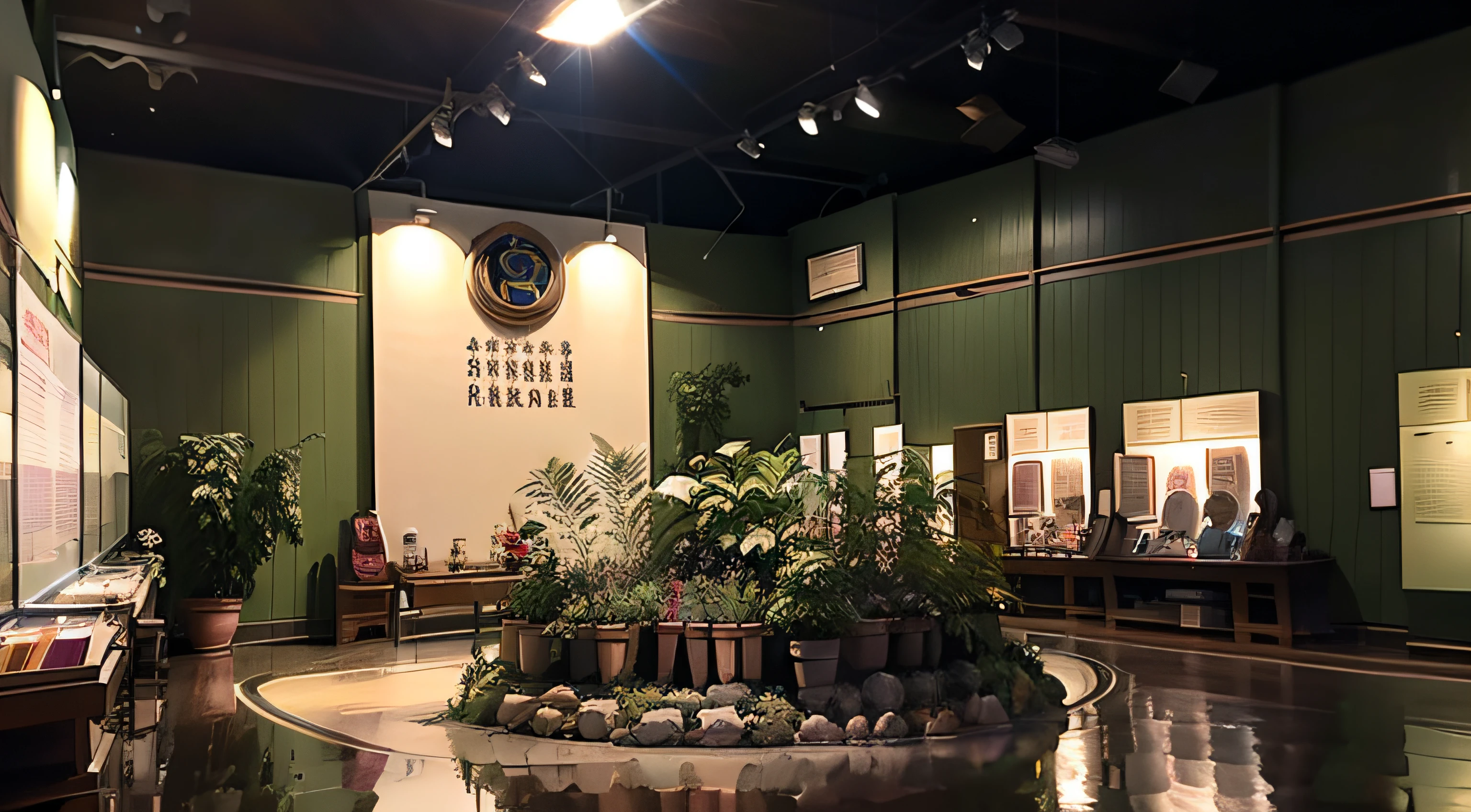 Exhibition hall of the Museum of Cultural Relics and Science，Agricultural products are on display，The environment is dim，There is a sense of technology，cold shades，White spotlight，Beveled side shooting，45 degree angle，high qulity，high detal，High precision，8K