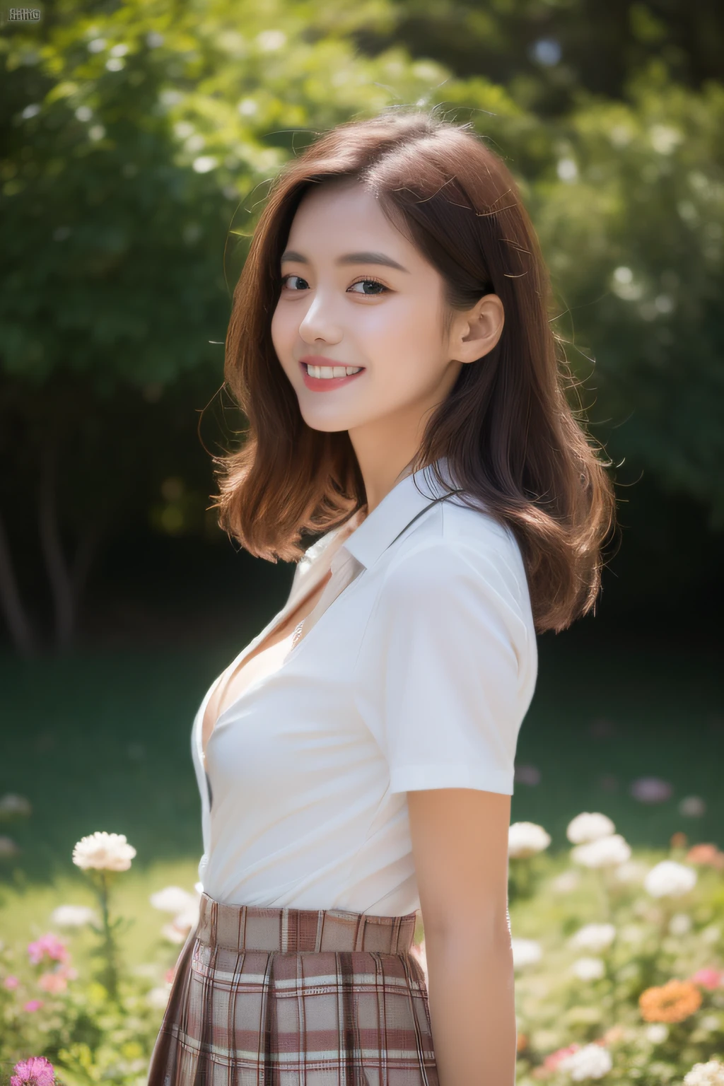 NSFW, 8k RAW photo, Best Quality, ((masutepiece)), 超A high resolution, Film grain, filmg,( 20yr old, Slender face, 1girl in, slanted eye, eyesight, long eyelashes, Eye Highlights), Looking at Viewer, Natural Skin Texture, A perfectly proportioned face, Dimples, realistic eyes and face details, Full lips, lip stick, (makeup), Red eyeshadow, Perm Hair, Fluffy short hair, hair messy, Smile, closes mouth, Beautiful legs, Tall lady, skinny, slim_Legs, Solo, huge-breasted, cleavage, Ultra short skirt, Ass, Shirt, (beautiful nature location, around flowers location), (Detailed background), (Beige plaid skirt, White shirt), huge-breasted, cleavage, Show a little cleavage through the shirt, lowfers, Blurry background, Blurry, Plaid, Short sleeves, Brown hair, Bangs, ((School uniform)), a necklace, Parted lips, Lips, From Side, Pleated skirt, depth of fields