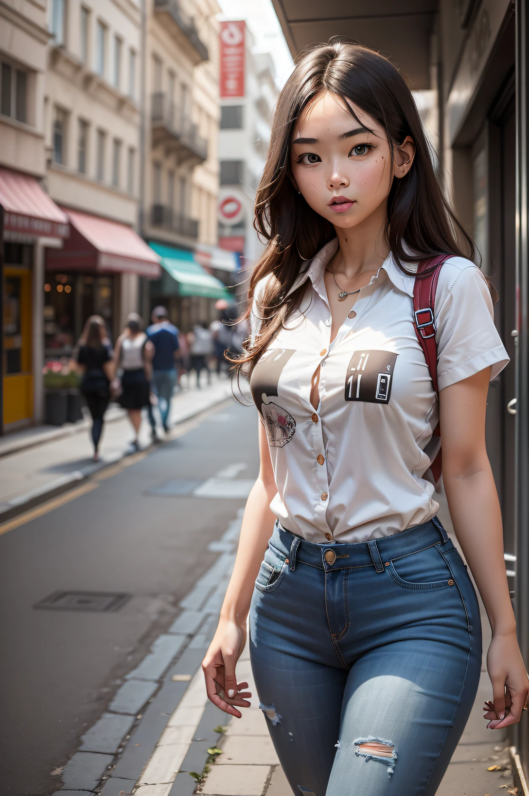 a girl wearing sexy shirt walking on the stree, look at the camera, upscale . realism