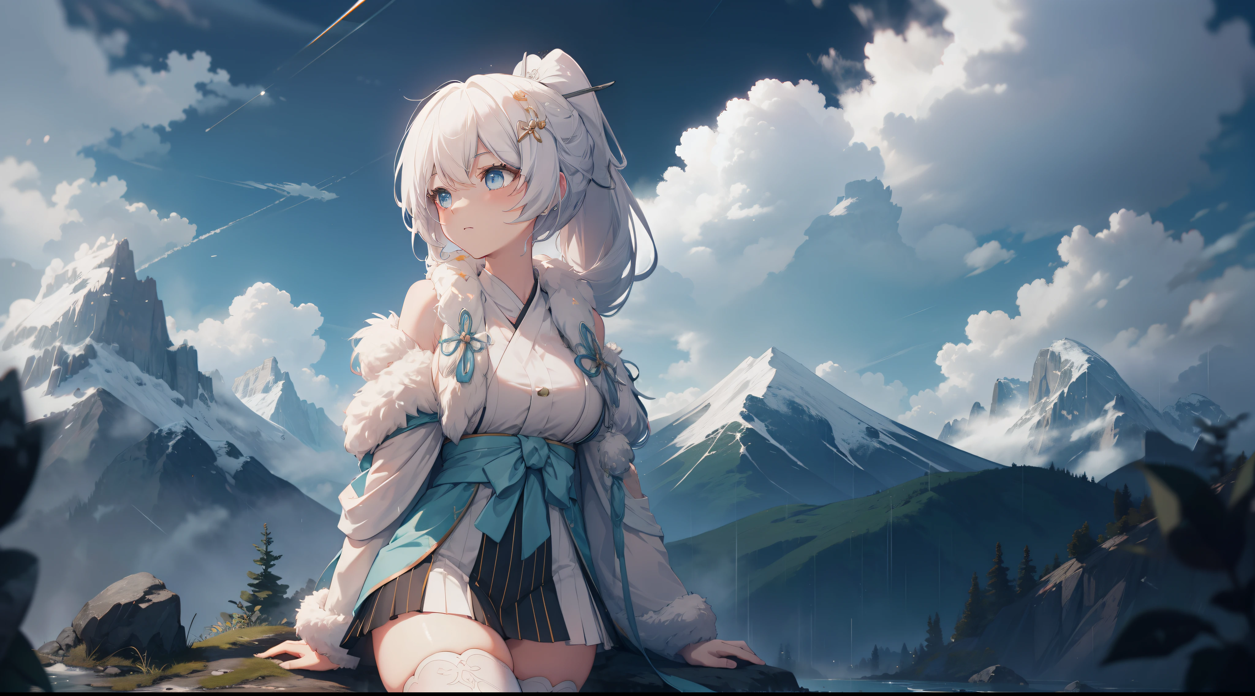 heavy rain,grabbing breast,Nice high ponytail hairstyle,long whitr hair,magpie,tall mountain peaks,Auspicious clouds,Bare shoulders, white thighhighs, Hair ribbon, Large breasts,black long socks,Alpine streams are long