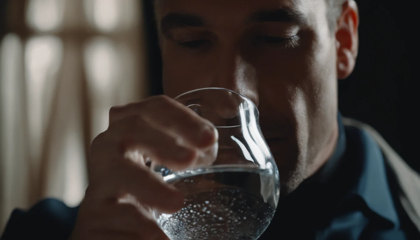 A man drinks from a glass of water,upperbody closeup