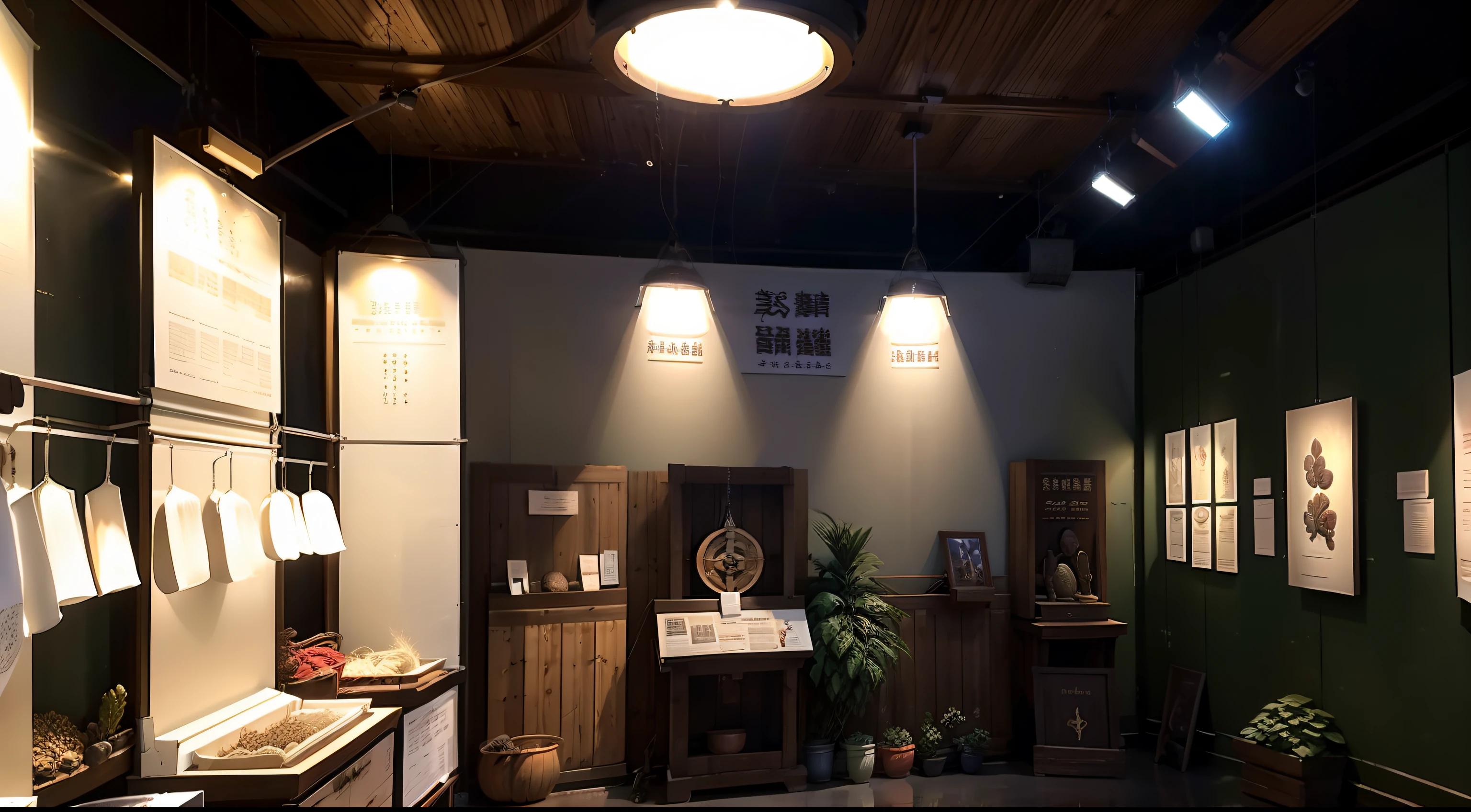 Exhibition hall of the Museum of Cultural Relics and Science,Agricultural products are on display,The environment is dim,There is a sense of technology,cold shades,White spotlight,Beveled side shooting,45 degree angle,high qulity,high detal,High precision,8K