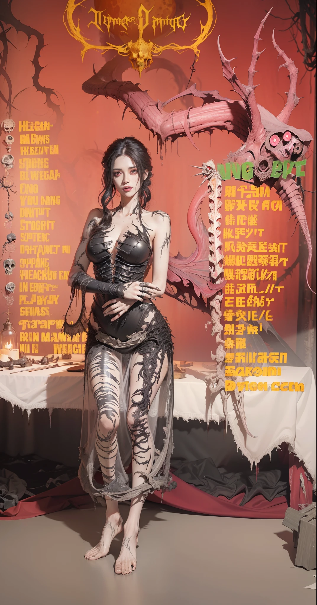 Fine matte painting, skeleton dark angel big wings haunted castle on drawing table full of knives, horror, spookiness, scary, secret horror, tentacles, vines, eyes, uncanny valley effect teeth, limbs, animals, blood moon,body art,Female torso,8K,plethora of colors,hight contrast,