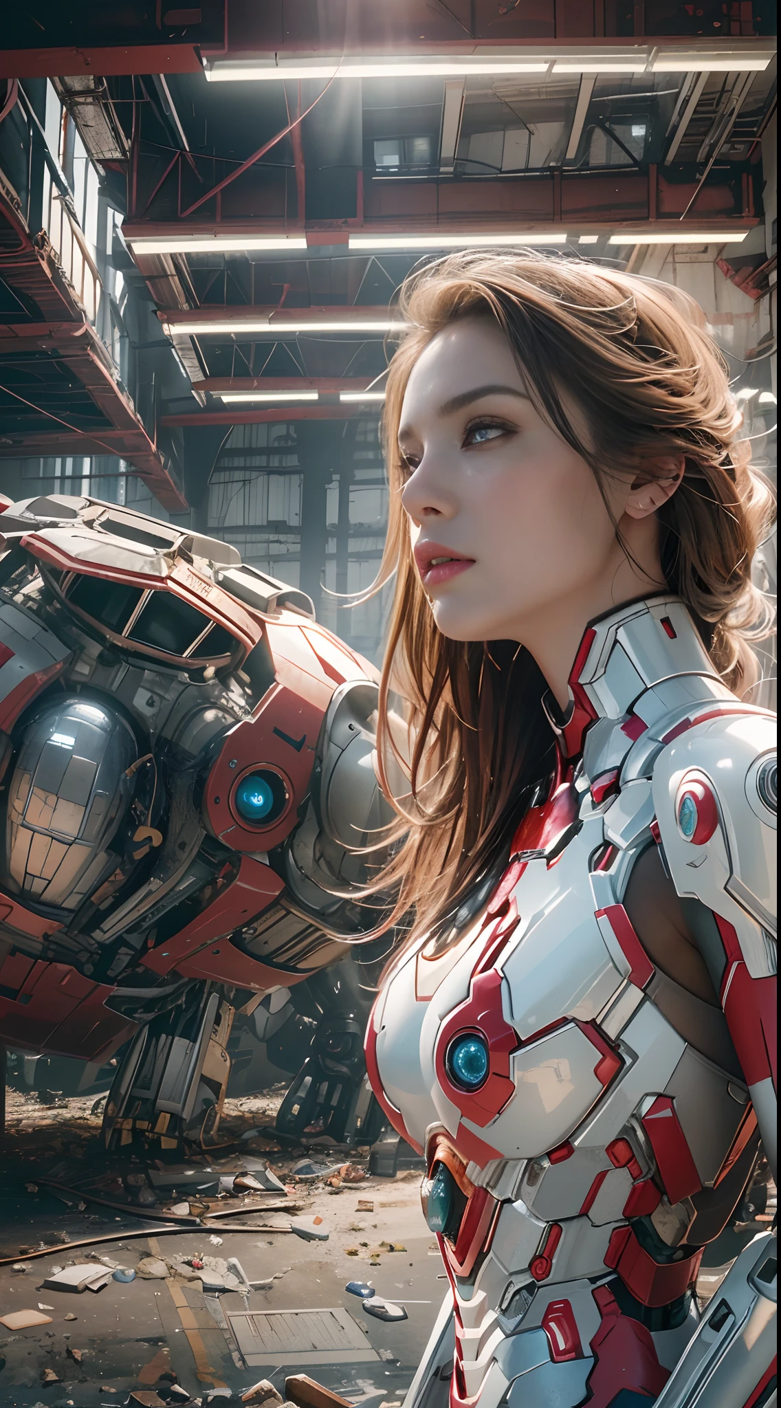 RAW, Masterpiece, Ultra Fine Photo,, Best Quality, Ultra High Resolution, Photorealistic, Sunlight, Full Body Portrait, Stunningly Beautiful,, Dynamic Poses, Delicate Face, Vibrant Eyes, (Side View) , she is wearing a futuristic Iron Man mech, red and gold color scheme, highly detailed abandoned warehouse background, detailed face, detailed and complex busy background, messy, gorgeous, milky white, high detailed skin, realistic skin details, visible pores , sharp focus, volumetric fog, 8k uhd, dslr camera, high quality, film grain, fair skin, photorealism, lomography, sprawling metropolis in futuristic dystopia, view from below, translucent
