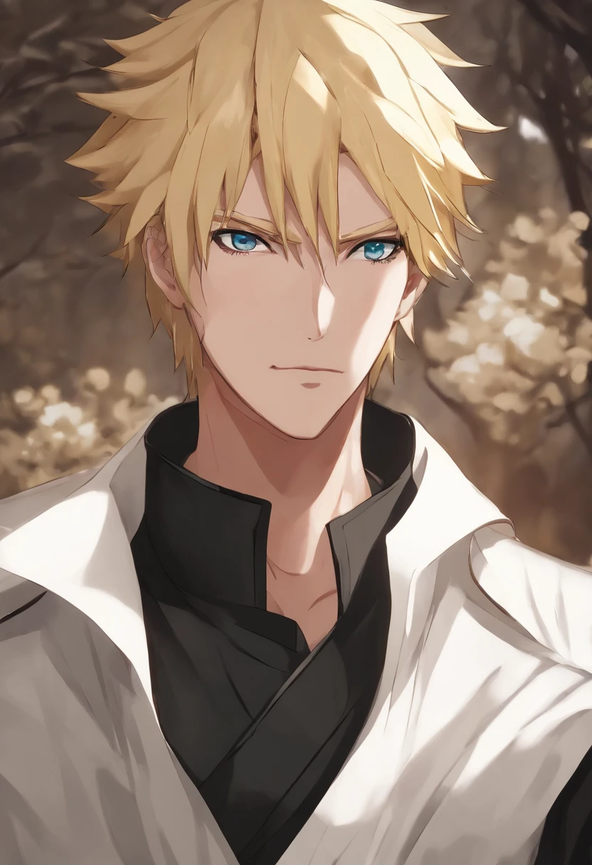 (absurderes, A high resolution, Ultra detailed), (Cinematic), (hyper HD), Solo, 1人, mature, cheerfulness, Upper body, blond with short hair, fantasy, Spring, sonoko, Closed mouth, (Cinematic, Best quality, hyper HD), ((offcial art)), ((Pop art))profile, Simple cottage, Detailed face, (Extremely detailed eyes), Naruto Uzumaki, ((nobles)), (((The prince is dressed in black))), Emperor, Duca, (((((Solo)))))