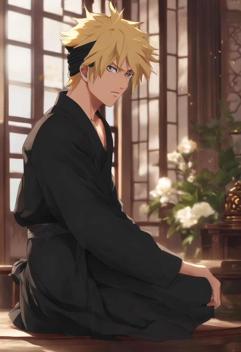 (absurderes, A high resolution, Ultra detailed), (Cinematic), (hyper HD), Solo, 1人, mature, cheerfulness, Upper body, blond with short hair, fantasy, Spring, sonoko, Closed mouth, (Cinematic, Best quality, hyper HD), ((offcial art)), ((Pop art))profile, Simple cottage, Detailed face, (Extremely detailed eyes), Naruto Uzumaki, ((nobles)), (((The prince is dressed in black))), Emperor, Duca, (((((Solo)))))