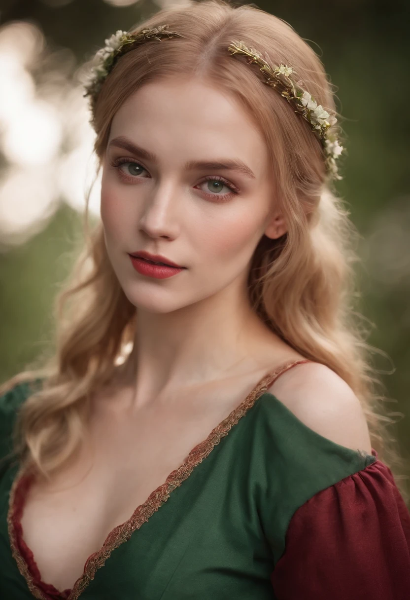 (((a deep reddish wound crosses her left cheek))) fair complexion, woman around 23 years old, natural blonde hair, distinctive green eyes, wearing red bikini, slender and graceful, beautiful, candlelight in a medieval setting, ultra sharp focus, realistic shot, medieval female clothes, tetradic colors (scar:1.4)