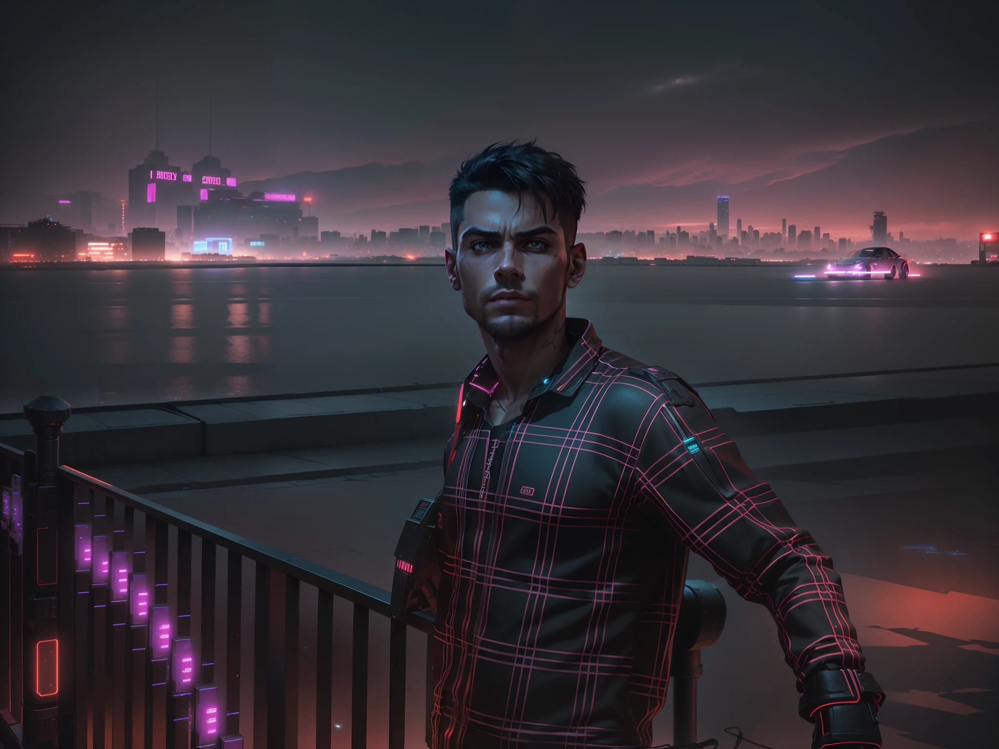 (best quality,4k,8k,highres,masterpiece:1.2),ultra-detailed,(realistic,photorealistic,photo-realistic:1.37),cyberpunk,handsome boy,neon lights,reflective surfaces,cybernetic enhancements,mysterious aura,futuristic cityscape,street art,glass buildings,blurry background,high-tech gadgets,edgy fashion,dynamic pose,strong facial features,intense gaze,dark color palette,gritty atmosphere,neon glow,shadows and highlights,sci-fi elements,urban setting,nighttime scenery,city skyline,vibrant colors,cyberpunk tropes,technology integration,cool and confident expression.