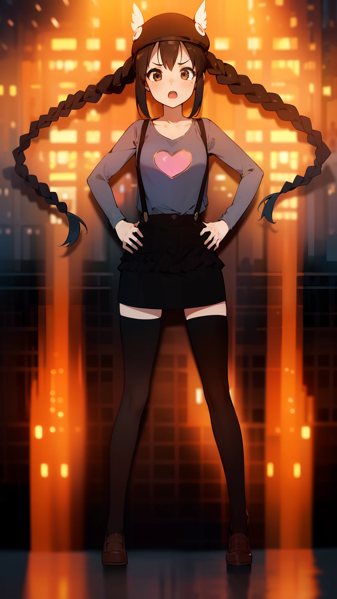 1girl, (((​masterpiece))), top-quality, top-quality, High Details, nakano azusa, 1girl, Twin-tailed, length hair, A dark-haired, brown-eyed, Gray T-shirt.suspenders.a black skirt.illustratio, comic strip, soothing tones, Subdued Color, Soft cinematic light, adobe lightroom, photolab, HDR, intricately and hyper-detailed、(((depth of fields))))。(((​masterpiece)))。(((top-quality))).(((ultra-detailliert)))。(((illustratio)))。(((takeout))).dynamic focus.big breasts.(((Skyscrapers))).(((A city scape))).(((Face of sadness))). open mouth.(((Put your hands on your hips))).(((up chest))).((evening glow)).((the setting sun)).(((Heart on chest))).Feathered hat